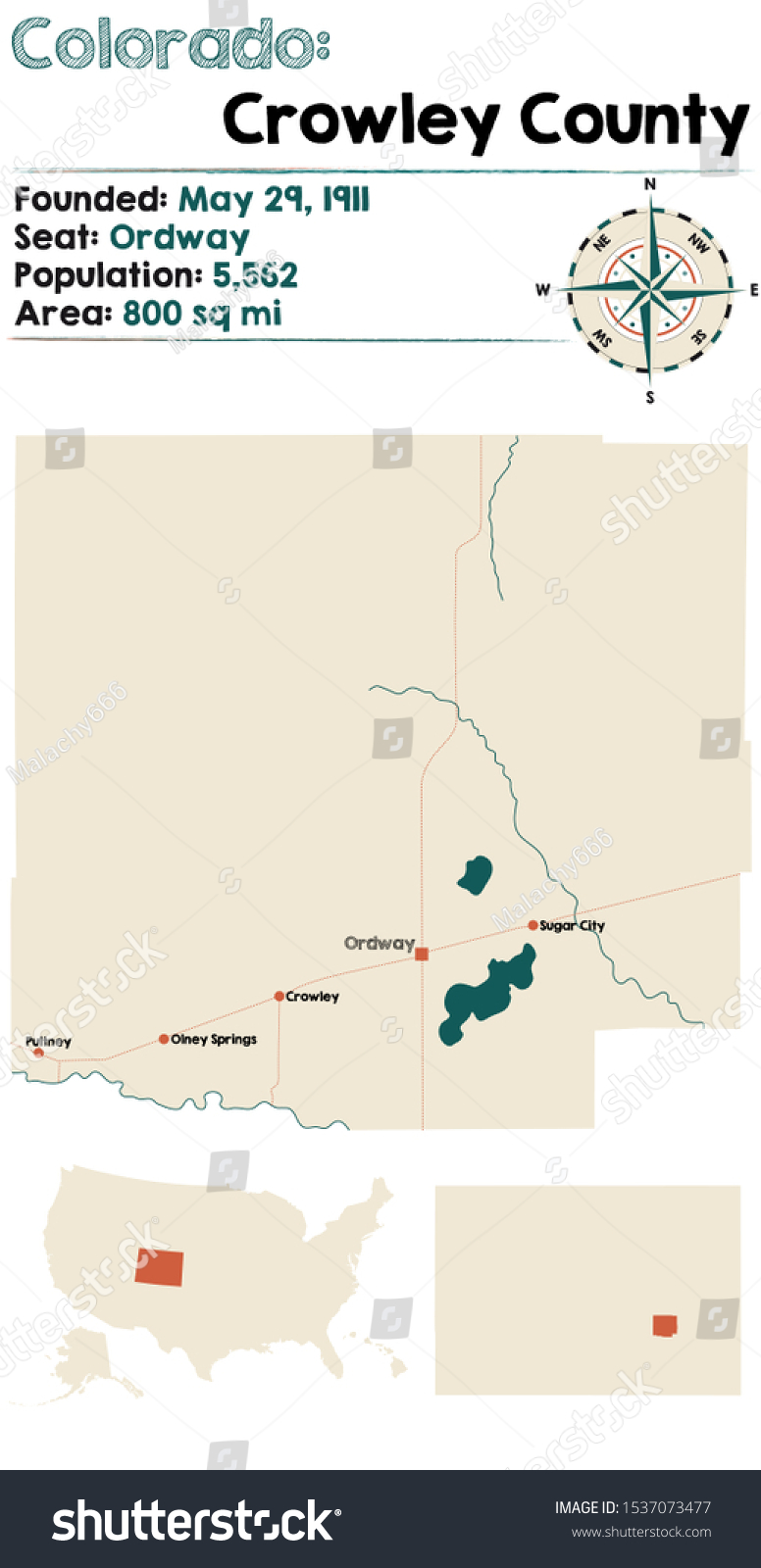 Large and detailed map of Crowley county in Royalty Free Stock Vector