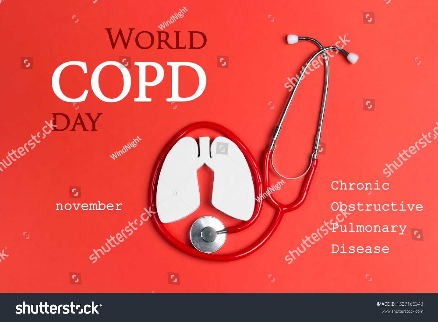World COPD day concept with lung symbol and stethoscope on a red background. Banner for medical campaign against chronic obstructive pulmonary disease in november. #1537165343