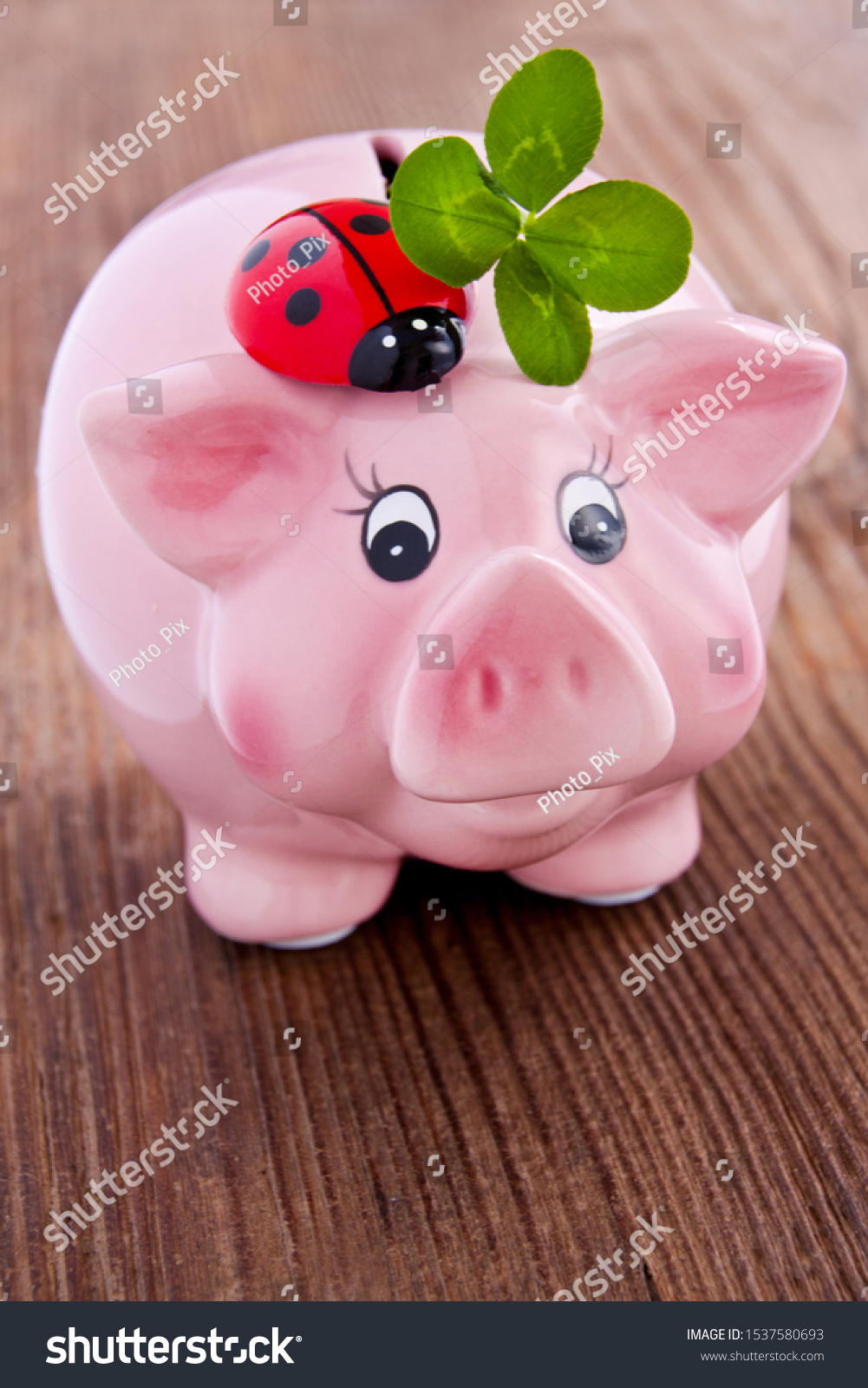 Pink lucky pig with lucky clover on a wooden backgurd #1537580693