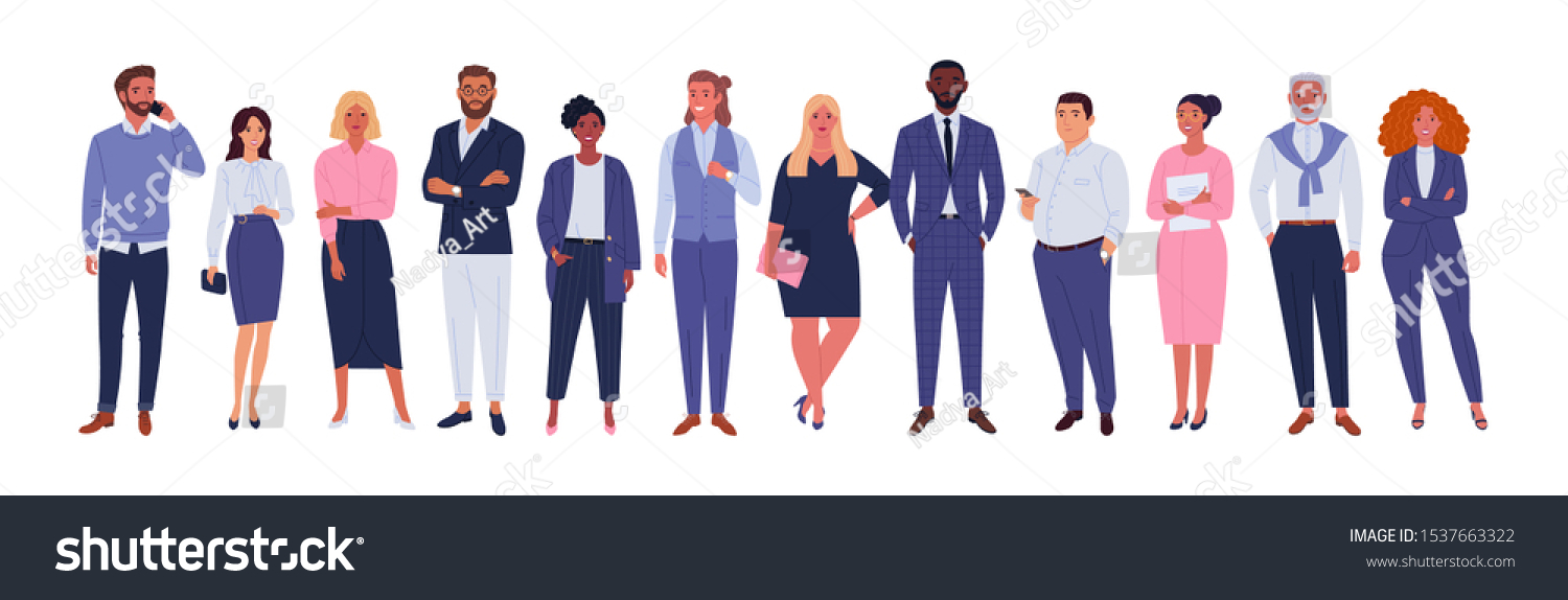 Business multinational team. Vector illustration of diverse cartoon men and women of various races, ages and body type in office outfits. Isolated on white. #1537663322