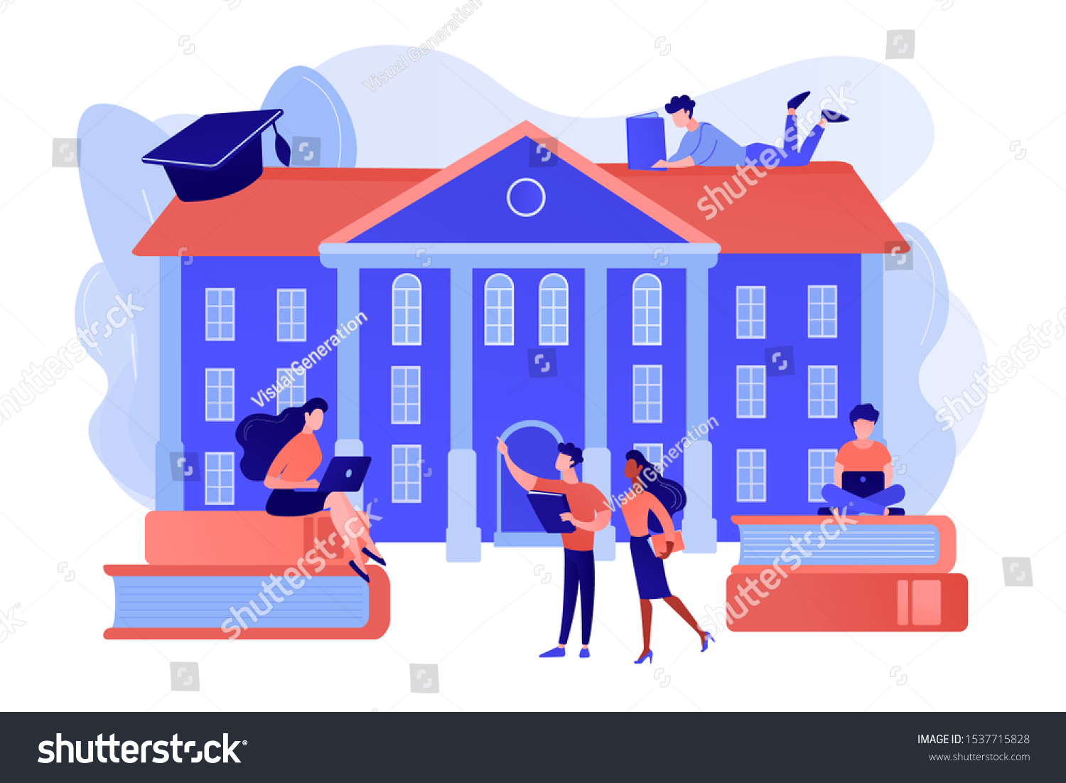 Students interacting with each other, making friends at university. College campus tours, university campus events, on-campus learning concept. Pinkish coral bluevector isolated illustration #1537715828