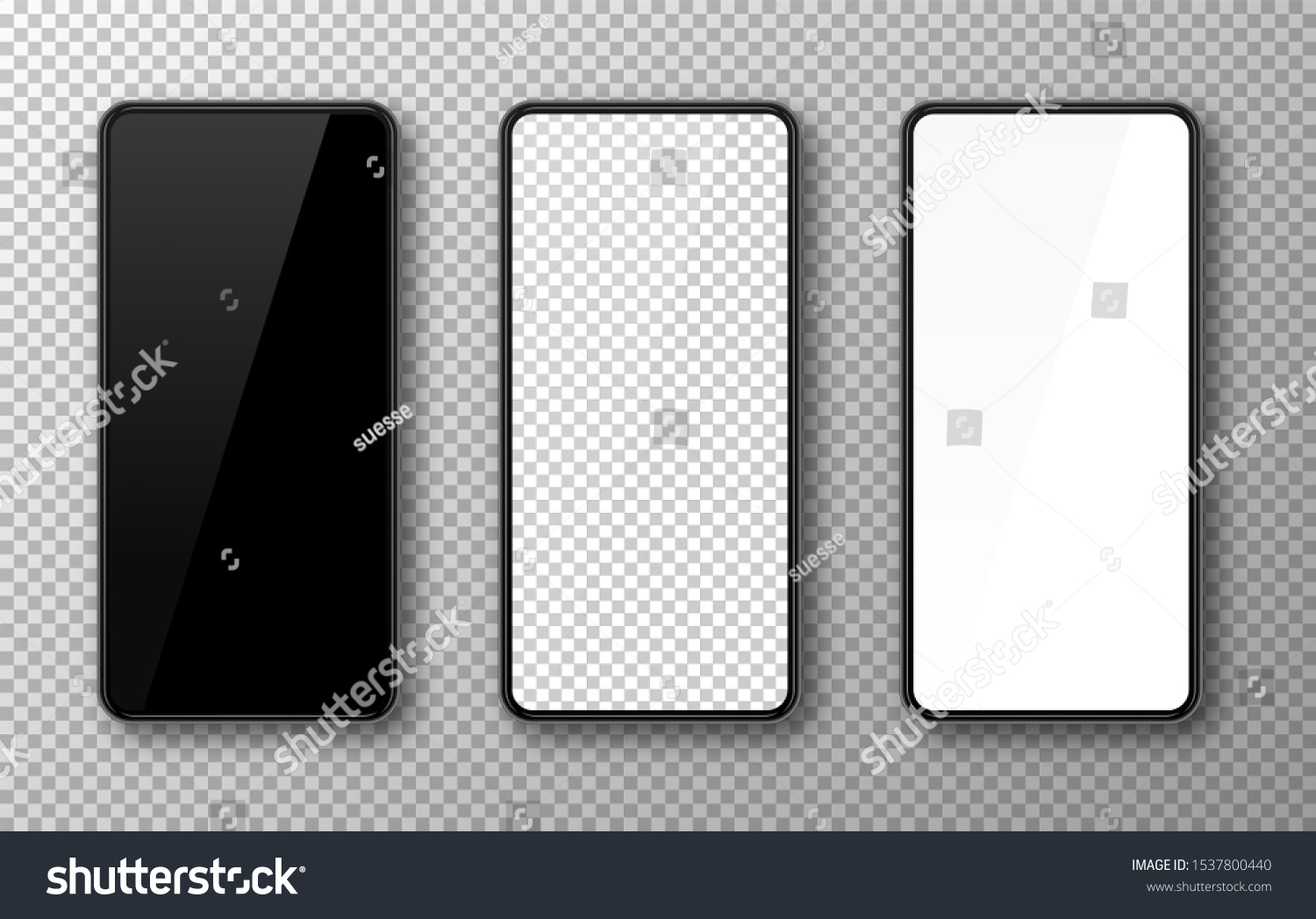 Realistic smartphone mockup set. Mobile phone blank, white, transparent screen design. Modern digital device template. Cellphone display front view mock up. Black frame. Isolated vector illustration #1537800440