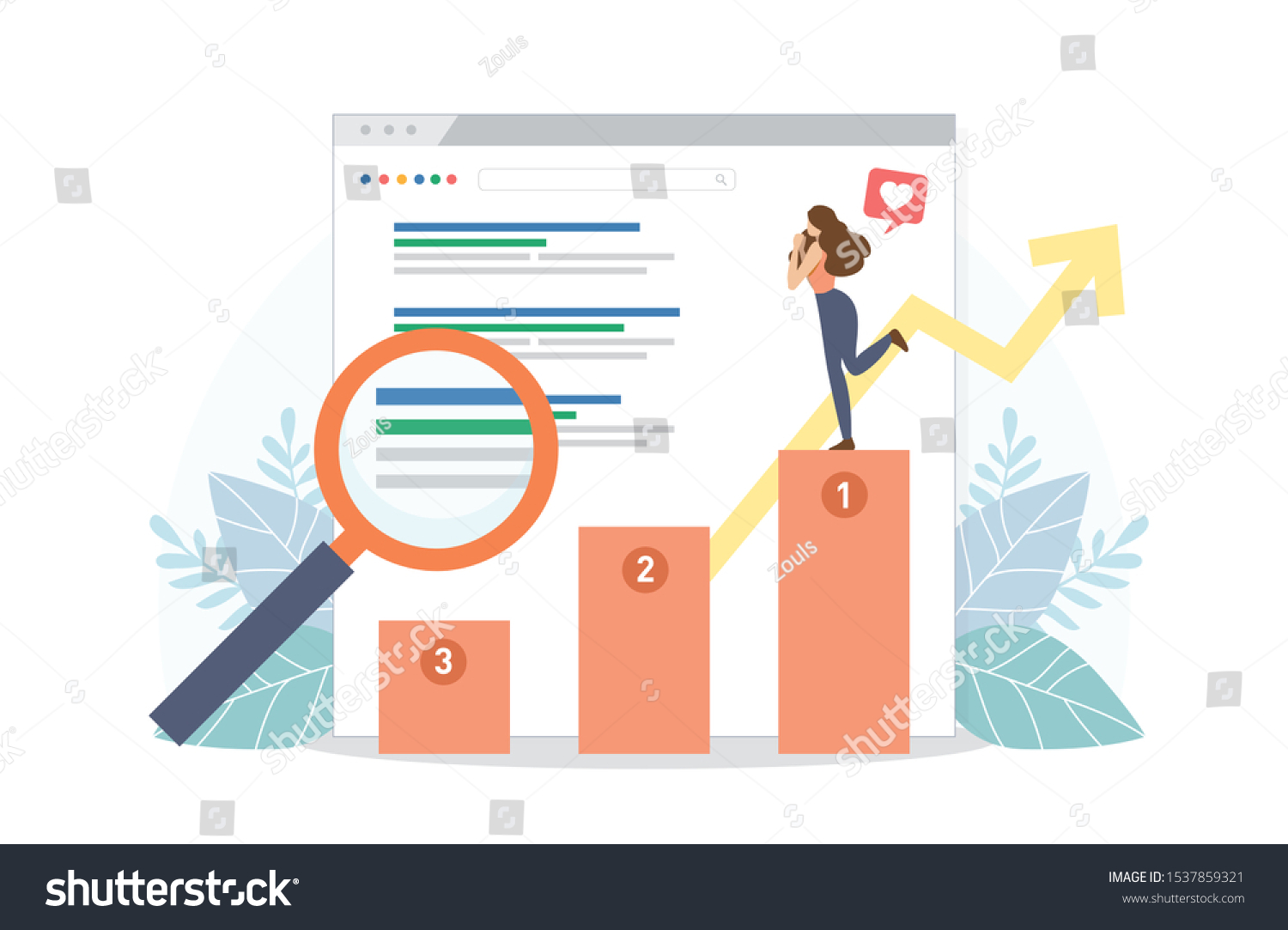 Happy woman stand on SEO top ranking dock. Google search screen with magnifier . Vector illustration flat design style. SEO, Search Engine Optimization, Top ranking Concept. #1537859321