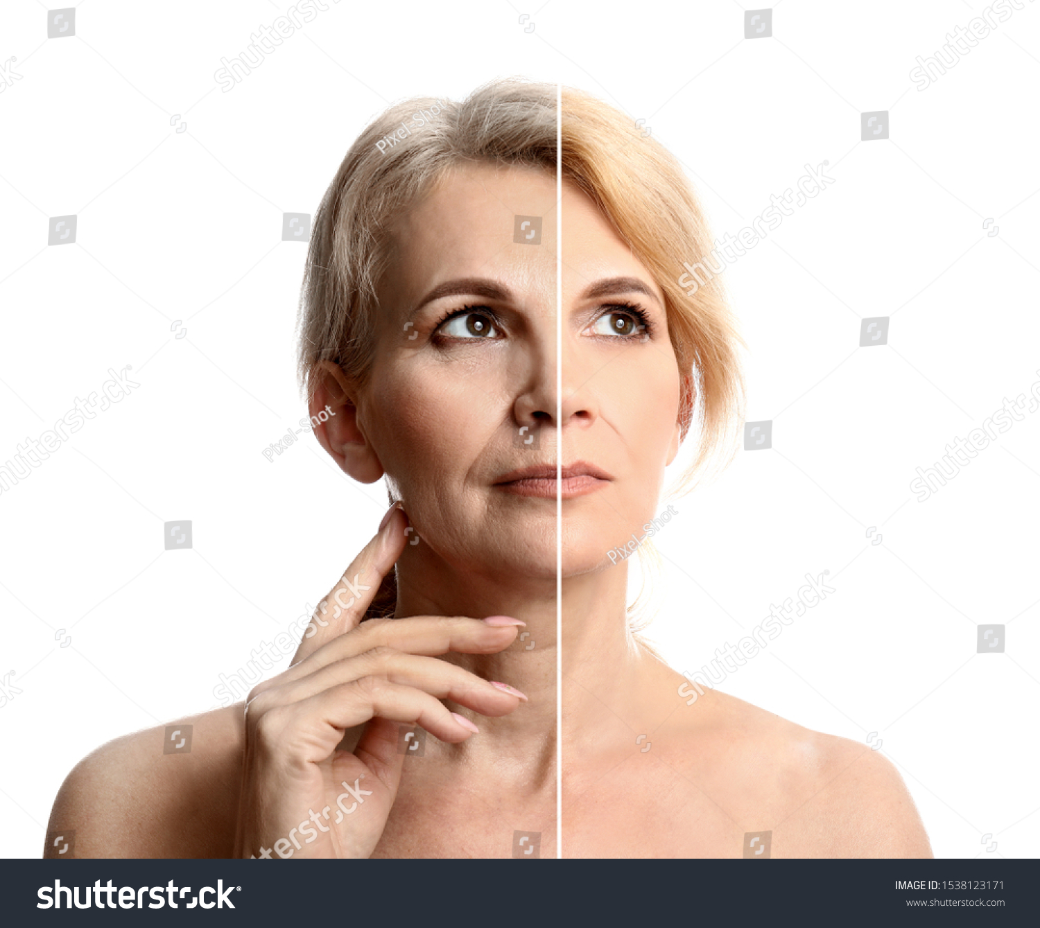 Comparison portrait of middle-aged woman on white background. Process of aging #1538123171