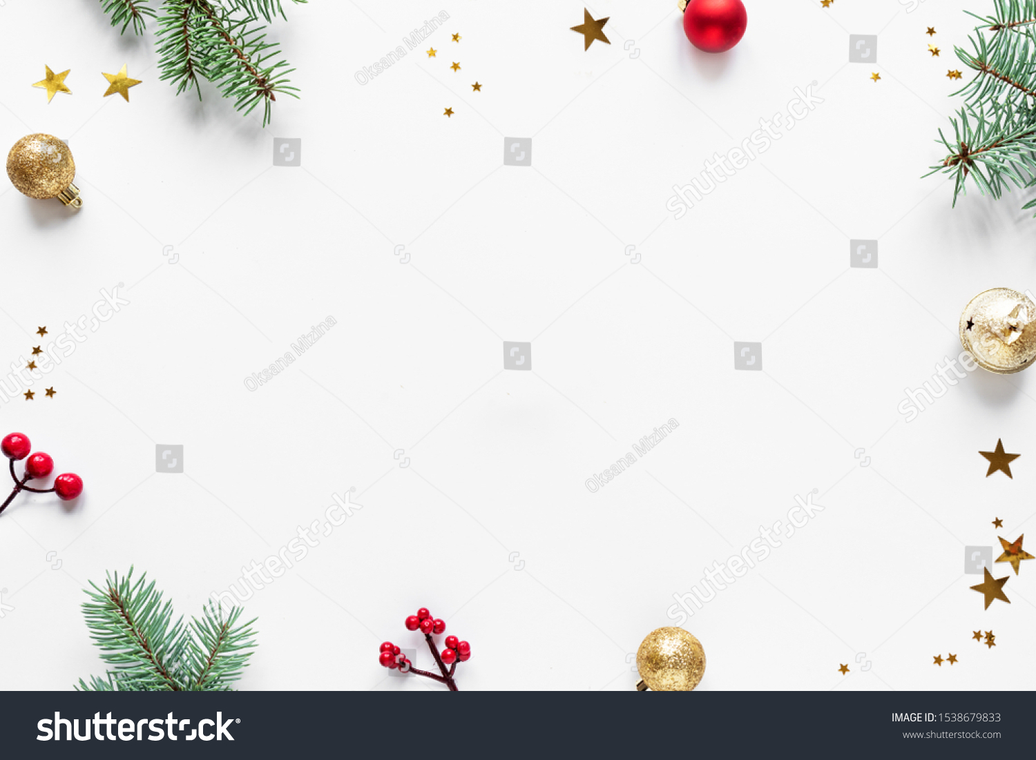 Christmas Background with fir branches, golden and red ornaments and stars, isolated on white background,  copy space. Christmas creative flat lay, concept with festive ornaments. #1538679833