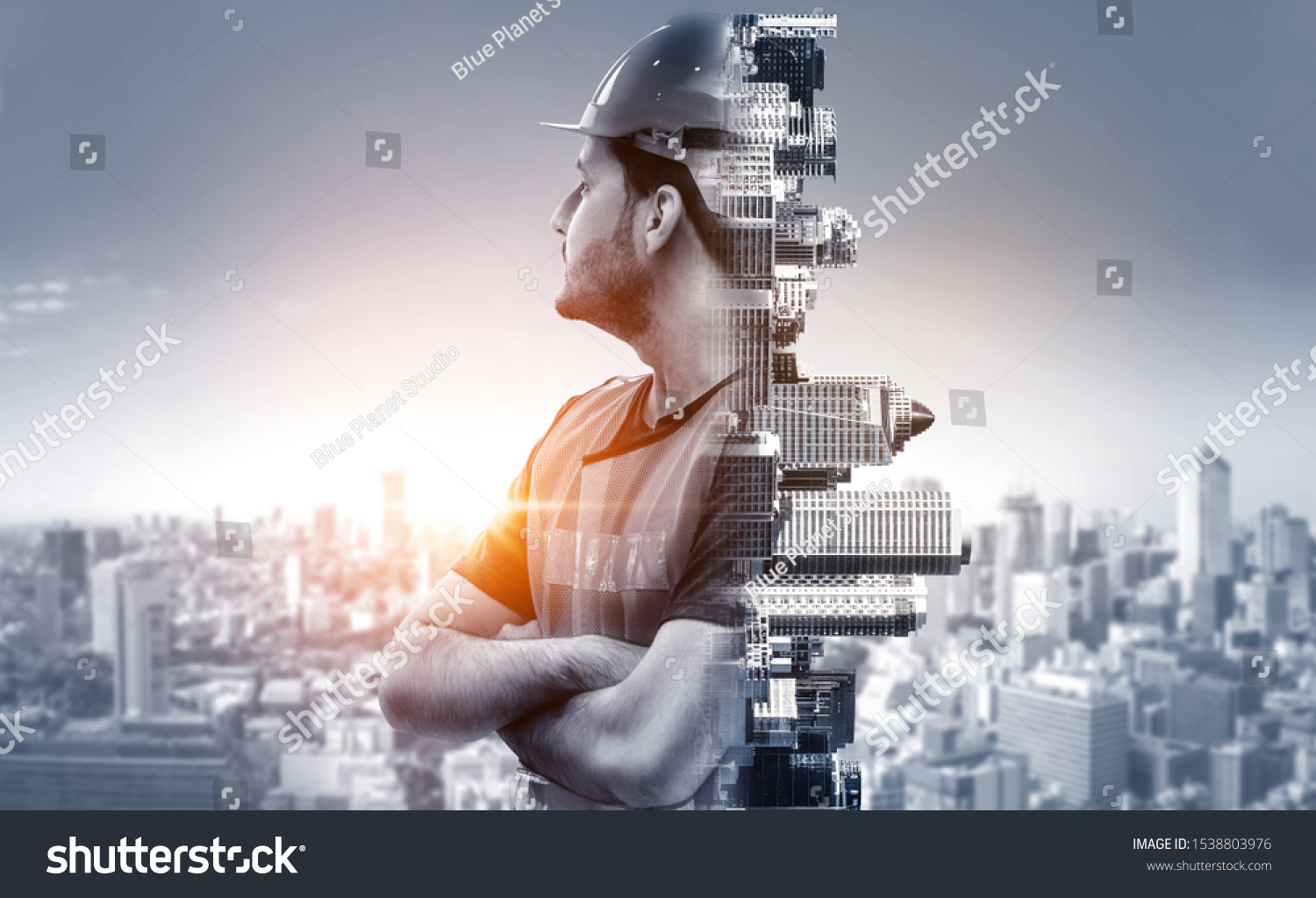 Future building construction engineering project concept with double exposure graphic design. Building engineer, architect people or construction worker working with modern civil equipment technology. #1538803976