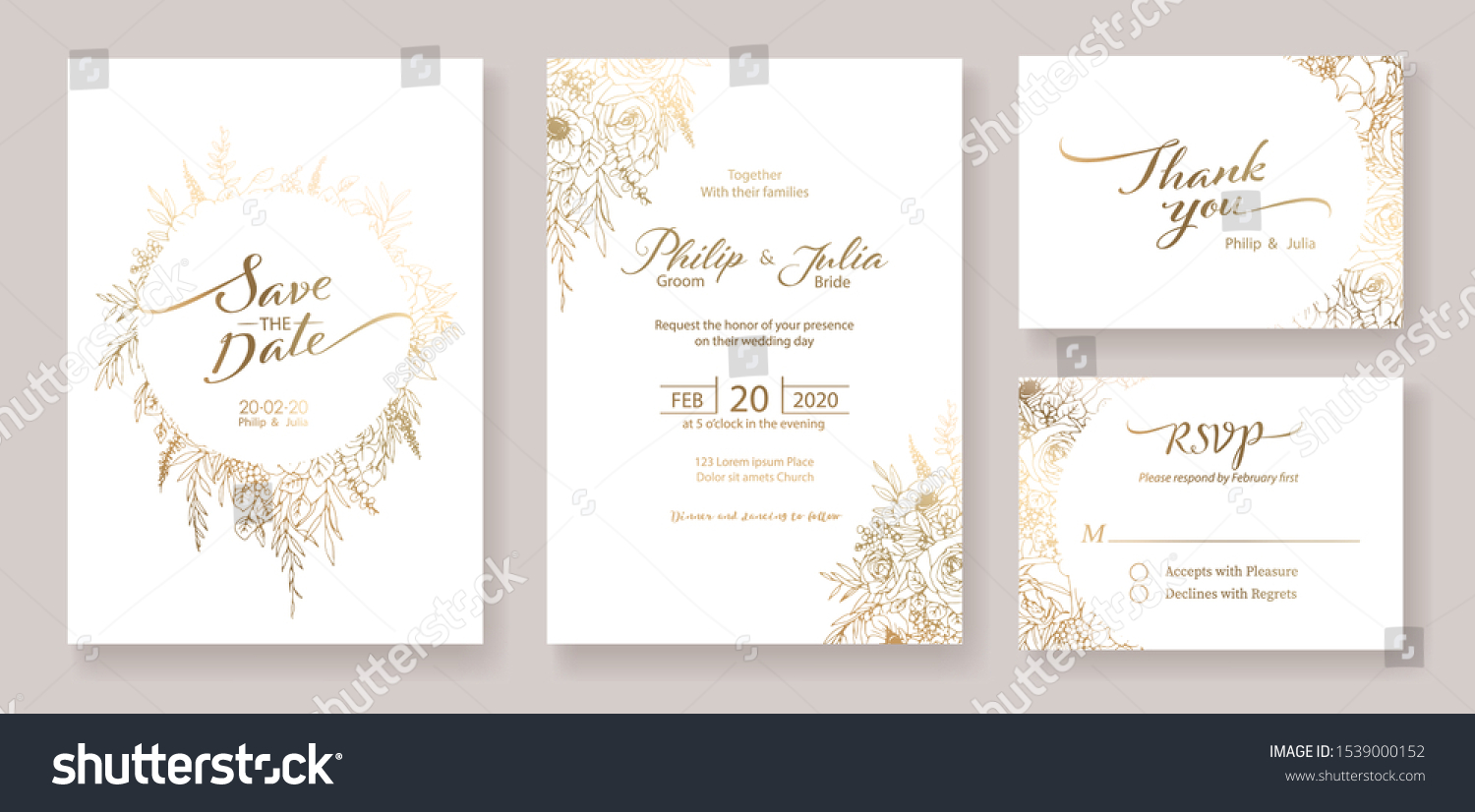 Gold Wedding Invitation, save the date, thank you, rsvp card Design template. Vector. winter flower, Rose, silver dollar, olive leaves, Wax flower, Anemone. #1539000152