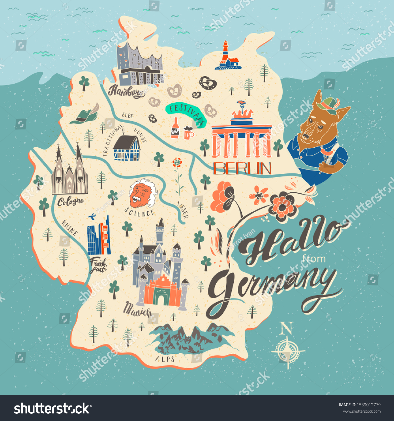 Hand drawn illustration of Germany map with - Royalty Free Stock Vector ...