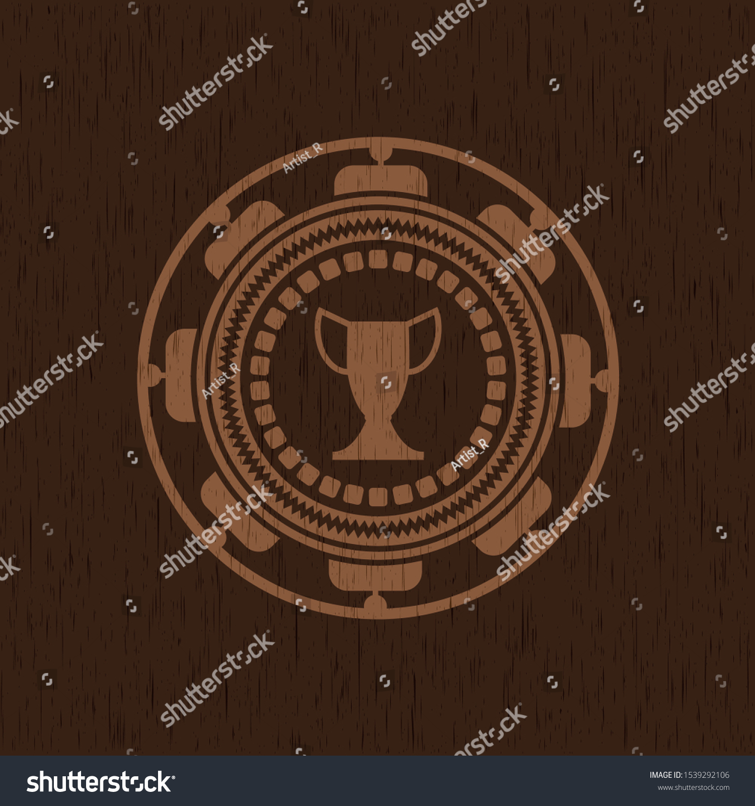 Trophy Icon Inside Wooden Emblem Retro Royalty Free Stock Vector