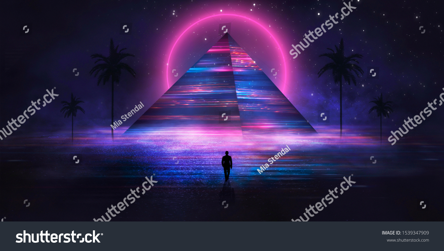 Futuristic abstract night neon background. Light pyramid in the center. Night view of the pyramid illumination. Neon lights reflected on wet asphalt.
 #1539347909