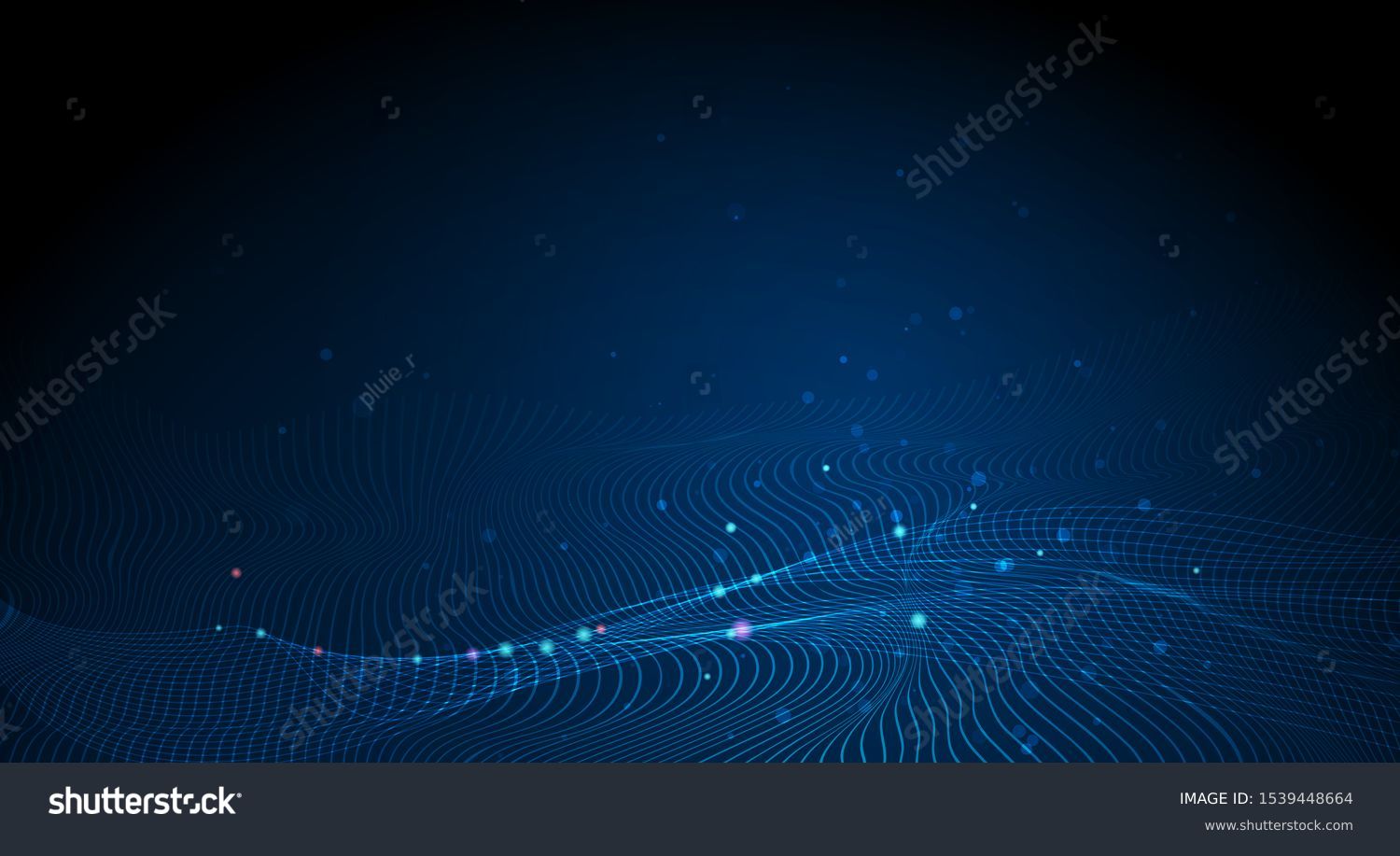 Illustration vector abstract wave motion pattern and dynamic mesh line on dark blue background. Modern futuristic design for background or wallpaper. Digital cyberspace, high tech, technology  concept #1539448664