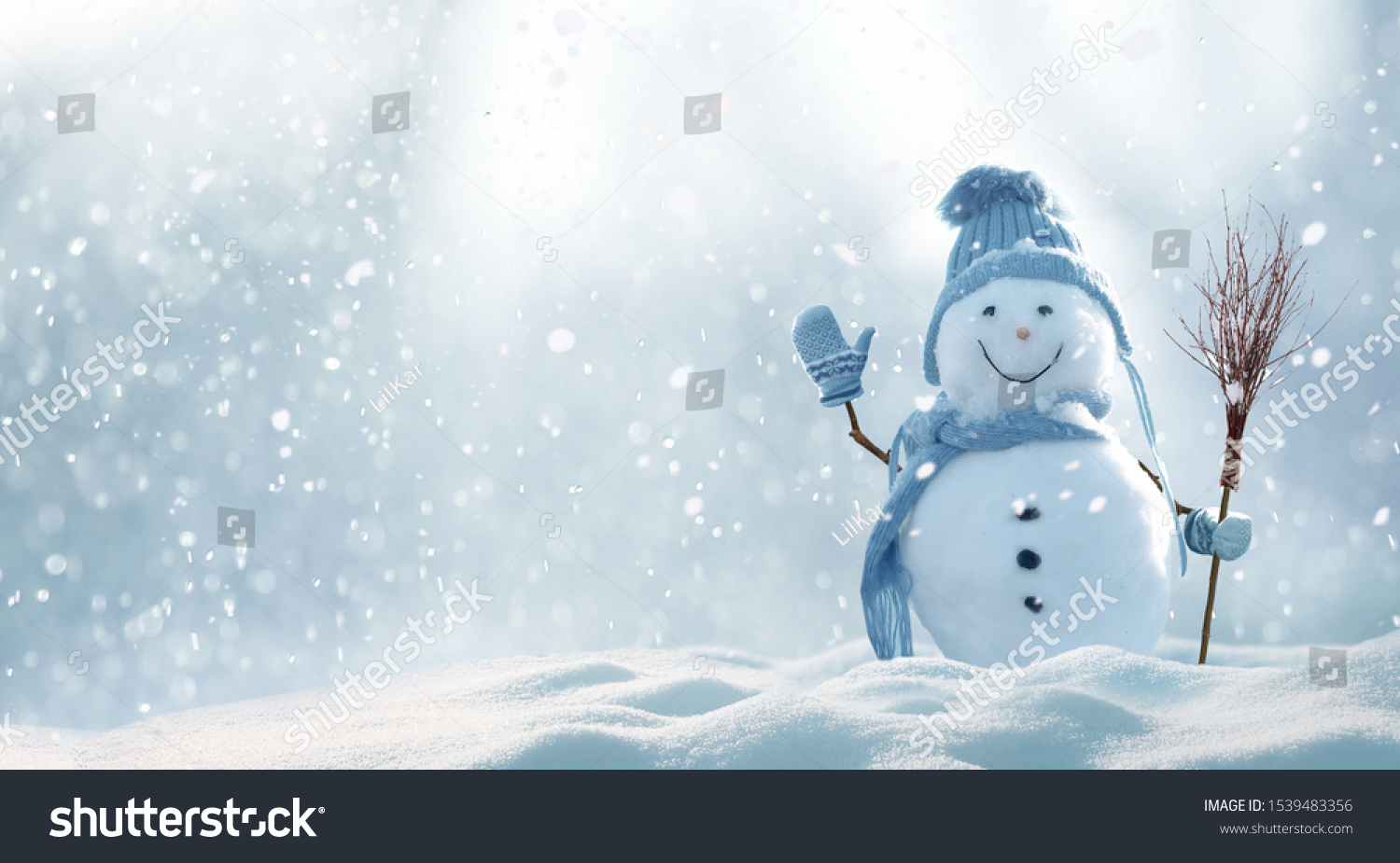 Merry christmas and happy new year greeting card with copy-space.Happy snowman standing in christmas landscape.Snow background.Winter fairytale. #1539483356