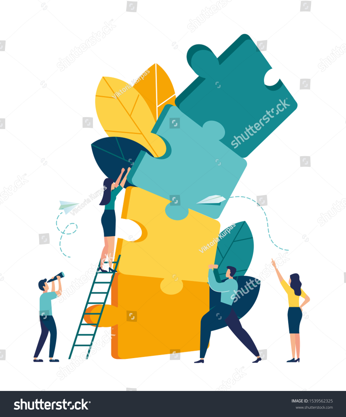 Business concept. Team metaphor. people connecting elements of a falling tower tower puzzle. Vector illustration of a flat design style. #1539562325