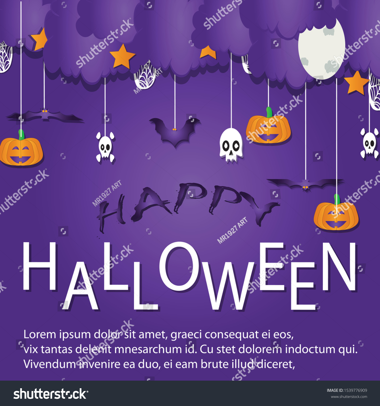 Halloween modern minimalistic design template for Website, greeting or promo banner, flyer, poster in paper cut style with cutest pumpkin and other traditional Halloween elements.editable text #1539776909