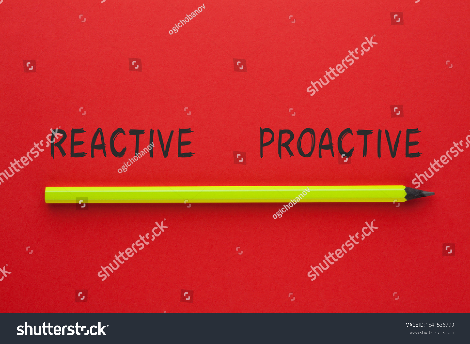 The words Reactive Proactive and pencil on red background. Business concept. #1541536790