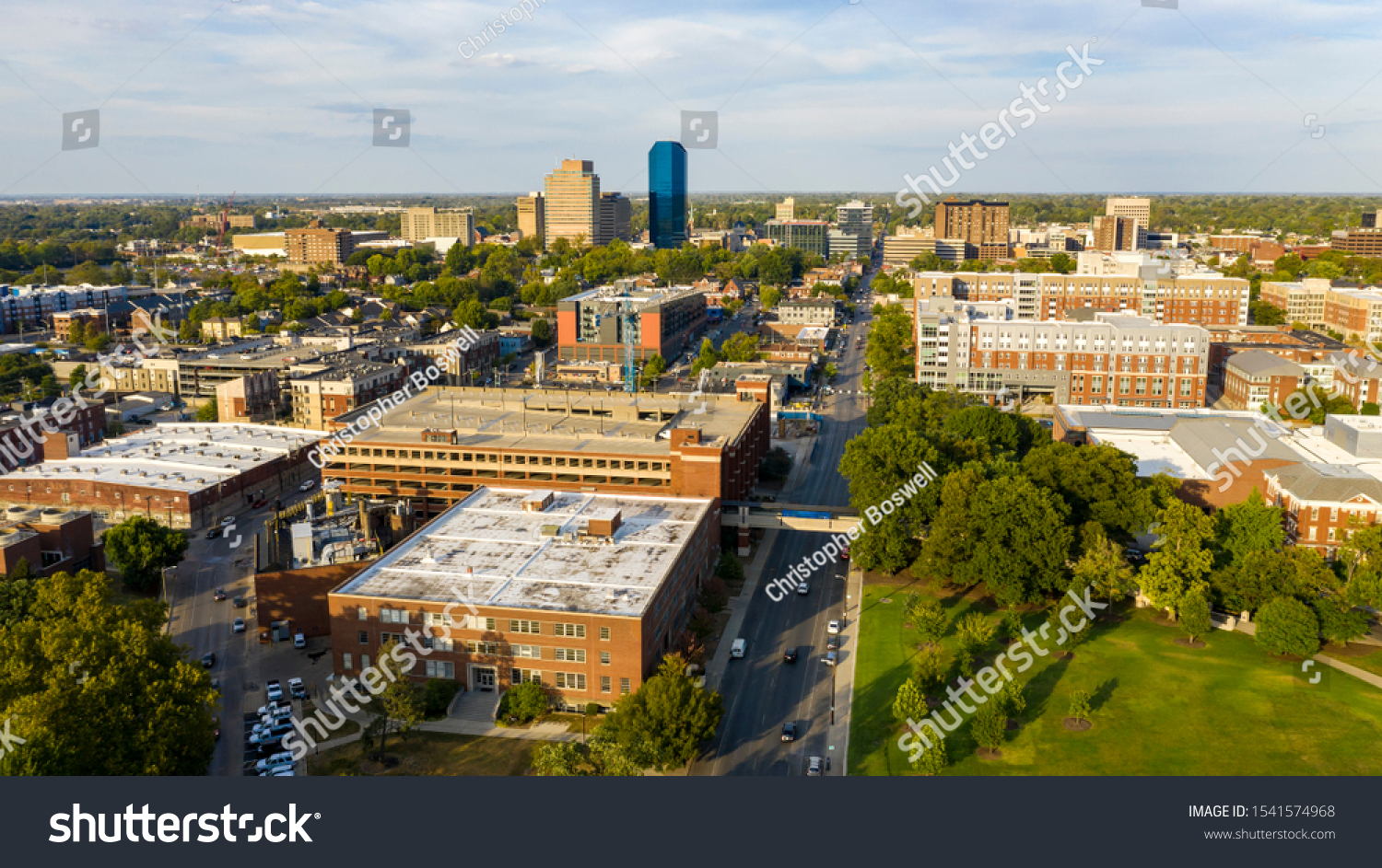 Aerial view university campus area looking into the city center urban core of downtown Lexington KY #1541574968