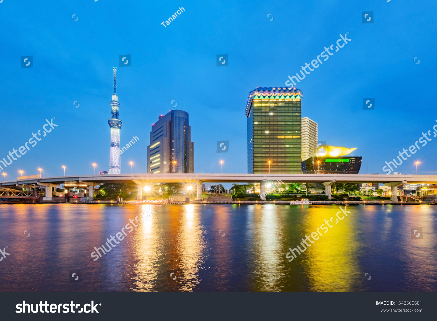 Cityscape of Tokyo skyline, panorama view of office building at Sumida river in Tokyo in the evening. Japan, Asia.  #1542560681