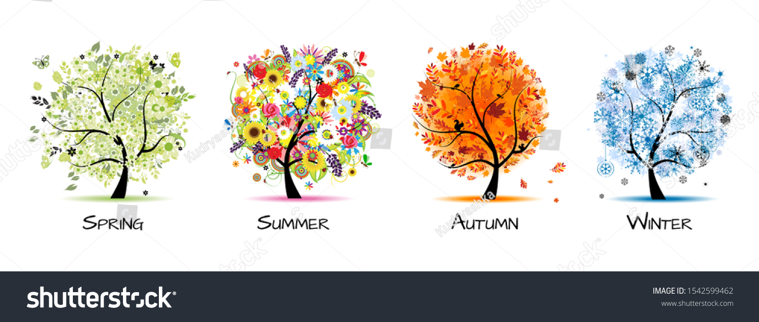 Four seasons - spring, summer, autumn, winter. Art tree beautiful for your design. Vector illustration #1542599462