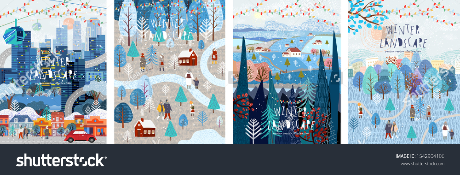 Winter nature, village, country, city landscapes. Vector illustration of natural, urban and rustic background for poster, banner, card, brochure or cover. #1542904106