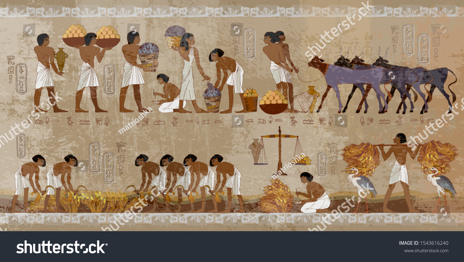 Life in ancient Egypt, frescoes. Egyptians history art. Agriculture, workmanship, fishery, farm. Hieroglyphic carvings on exterior walls of an old temple