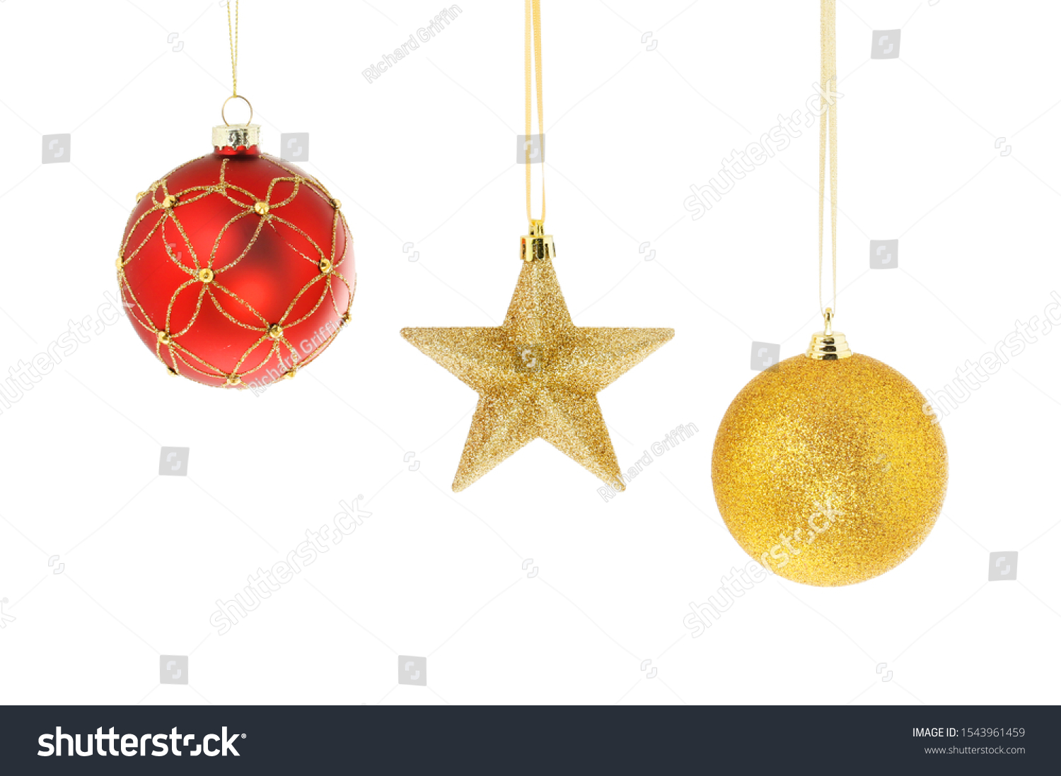 Gold star and baubles Christmas decorations isolated against white #1543961459