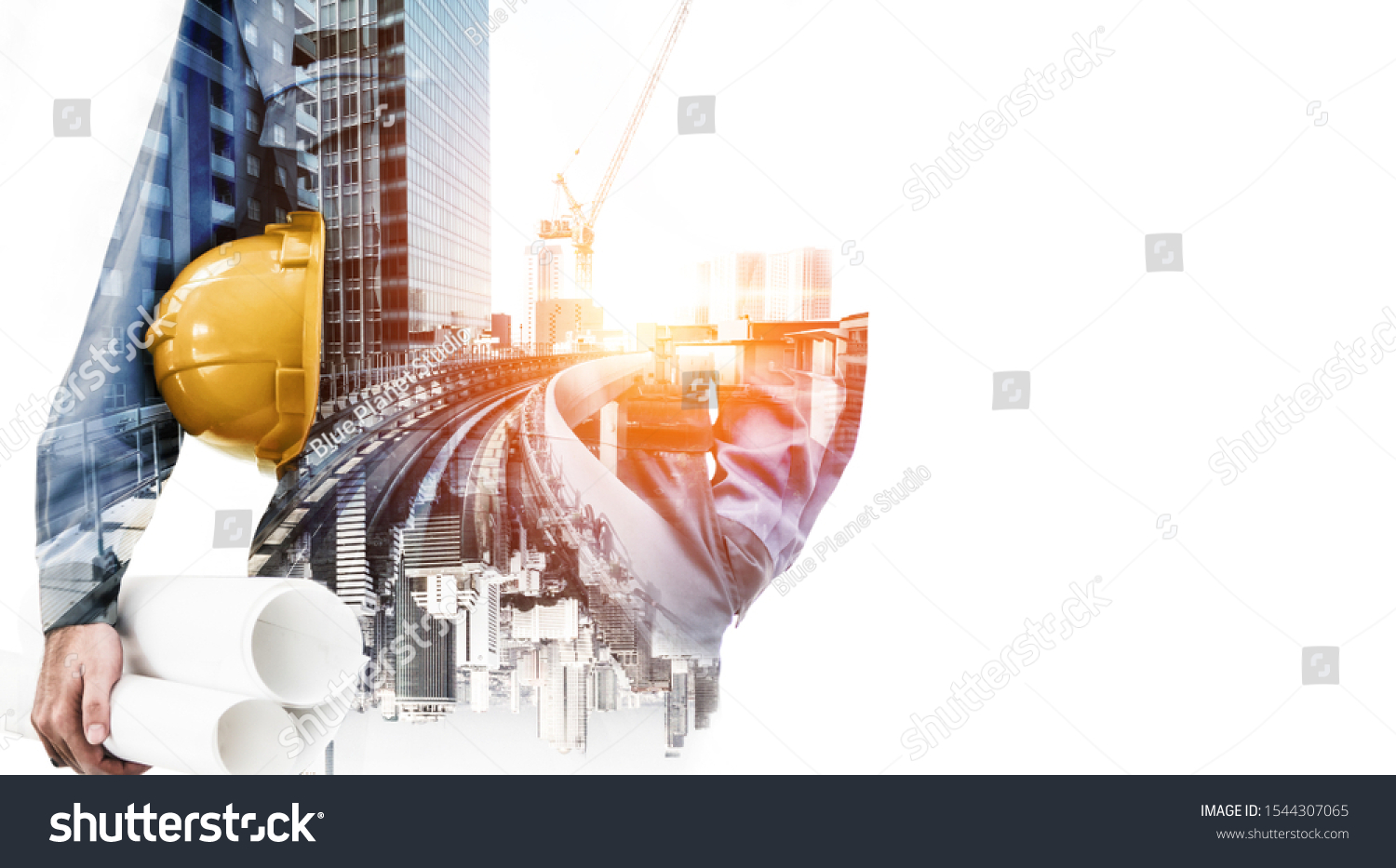 Double exposure image of construction worker holding safety helmet and construction drawing against the background of surreal construction site in the city.