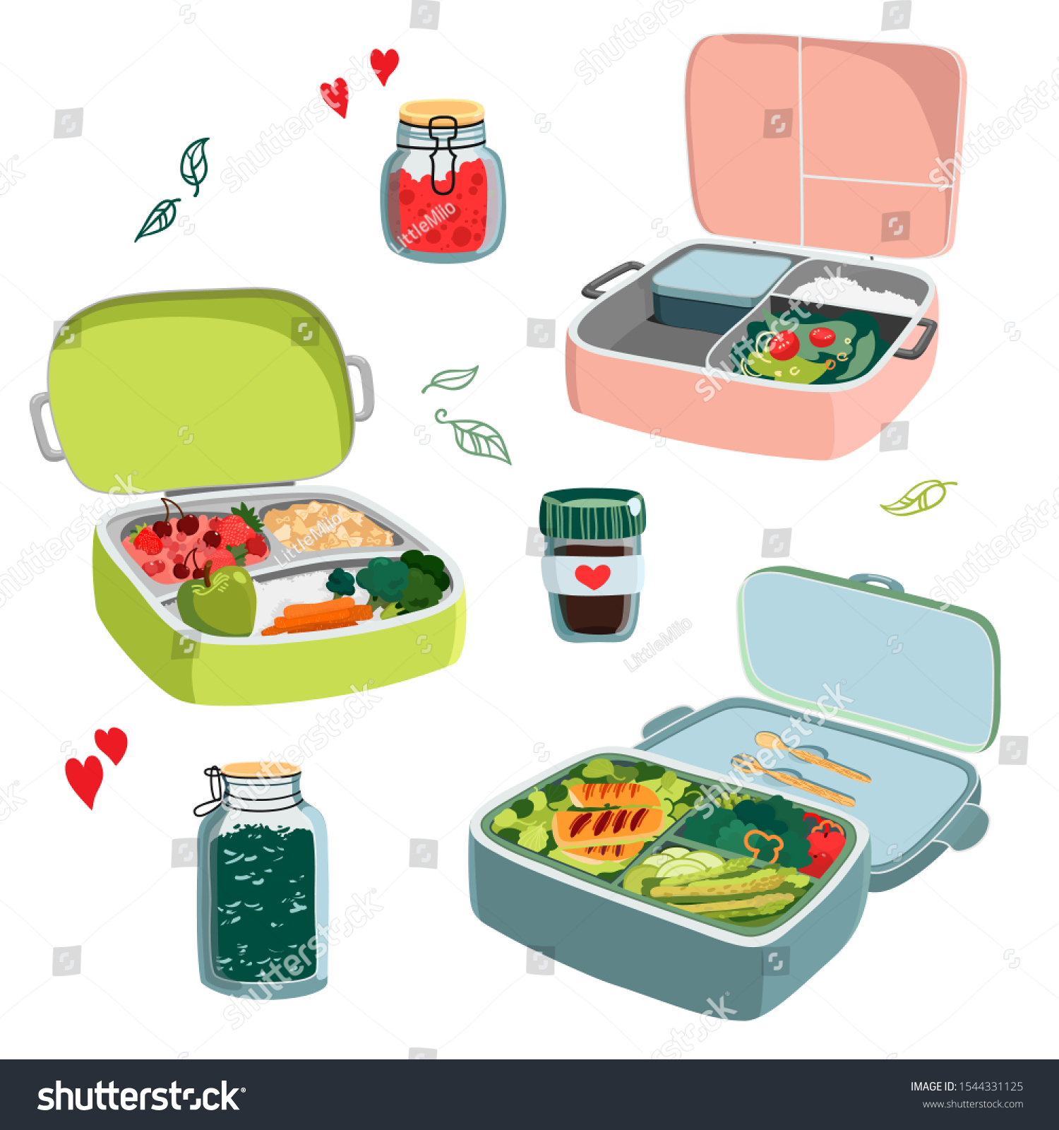 Zero waste concept set with different lunch boxes. Hand drawn vector illustration isolated on white background.