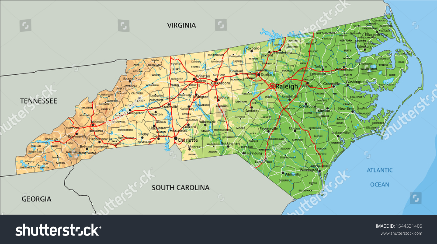 High detailed North Carolina physical map with - Royalty Free Stock ...