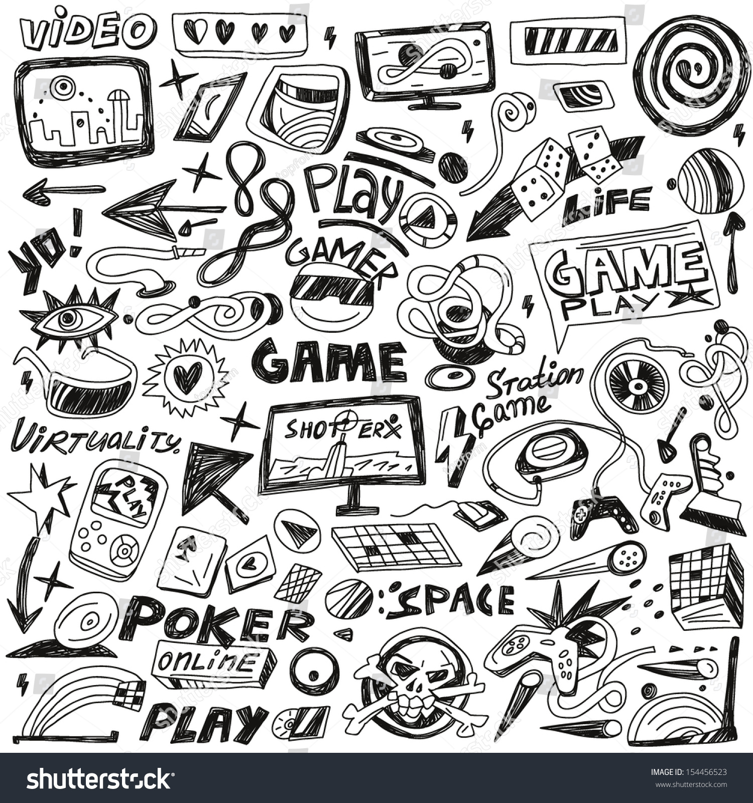 Royalty Free Computers Games Doodles Set 154456523 Stock Photo