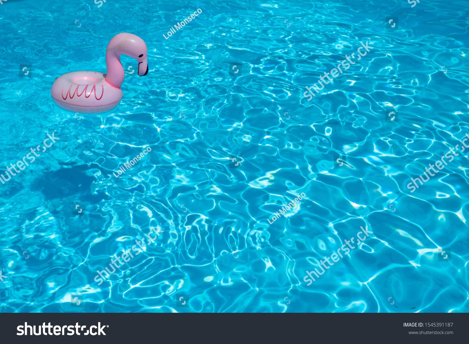 detail of a flamingo-shaped float, which floats freely smile the blue water of a swimming pool #1545391187