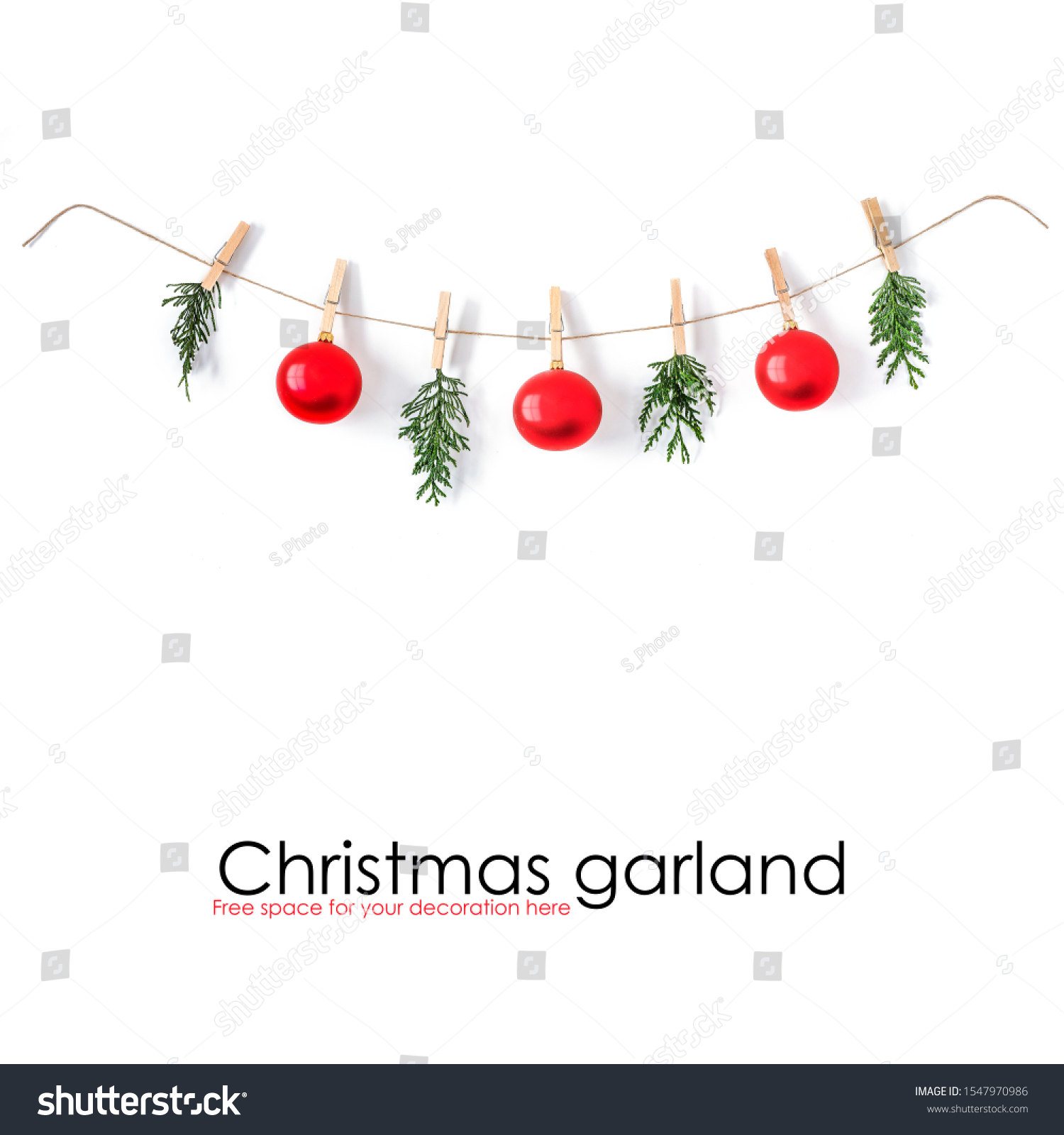 Christmas composition on a white background. Sisal string, fir twigs, Christmas balls, place for your advertisement or text. Wooden laundry clips. copy space, top view, flat photo. December day and Ch #1547970986