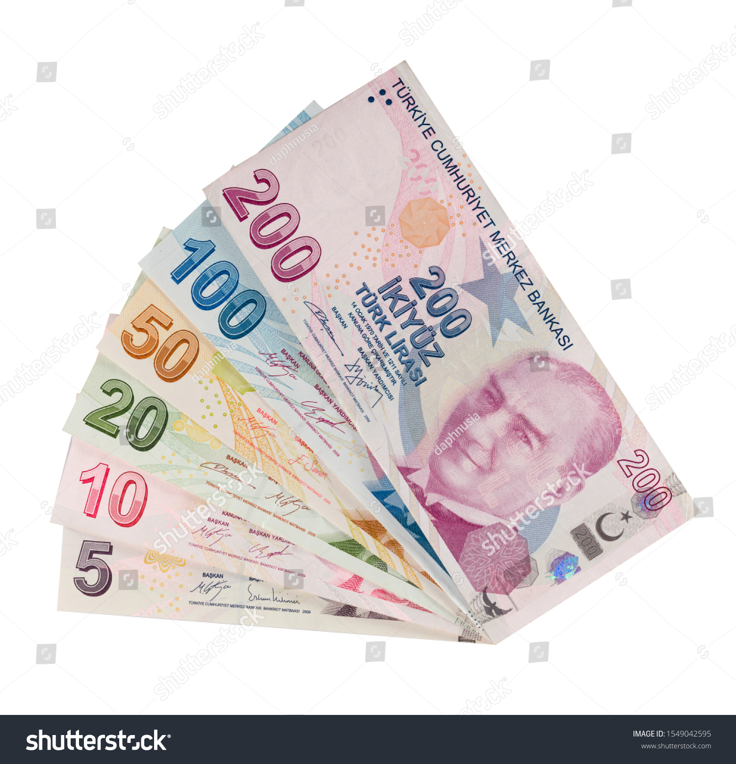 Turkish banknotes, 5,10,20,50,100,200 Turkish Lira front side, Have clipping path mask #1549042595