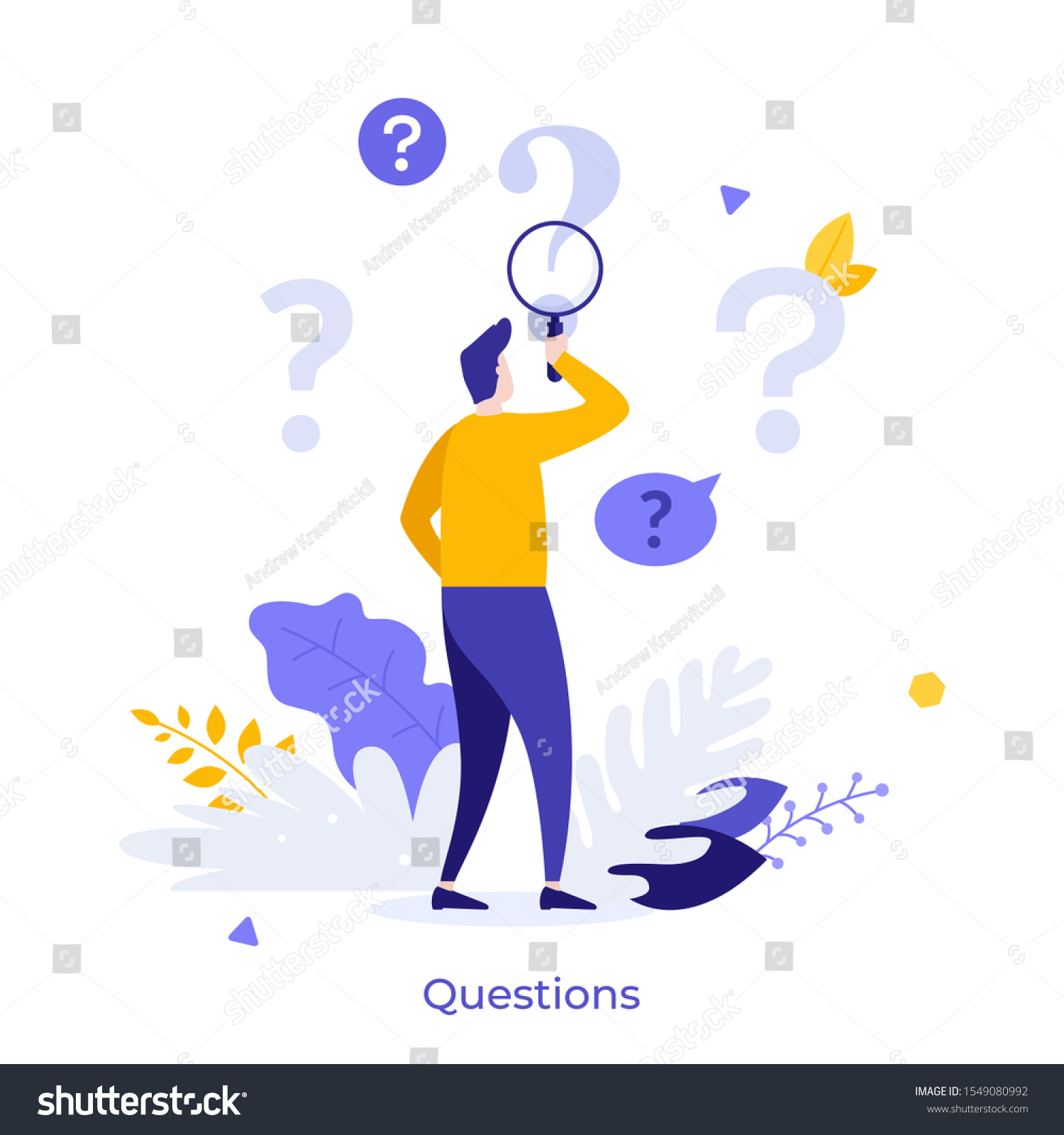 Man holding magnifying glass and looking through it at interrogation points. Concept of frequently asked questions, query, investigation, search for information. Modern flat vector illustration. #1549080992