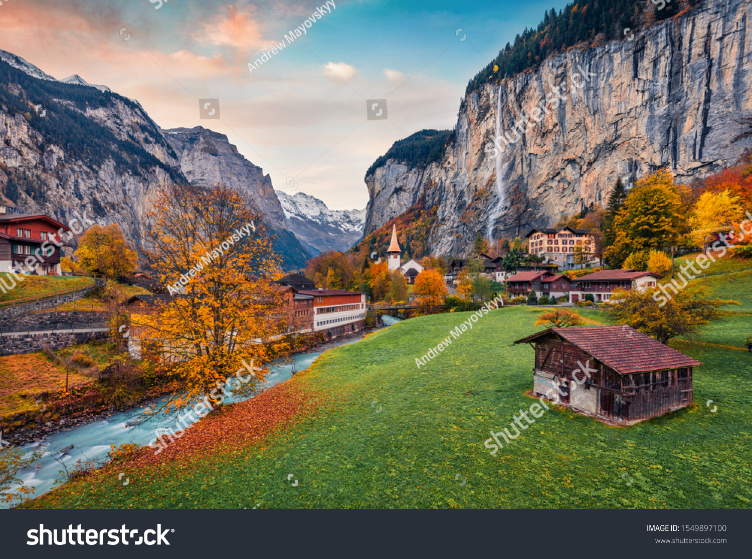 Impressive outdoor scene of Swiss Alps, Bernese Oberland in the canton of Bern, Switzerland, Europe. Magnificent autumn sunrise in Lauterbrunnen village. Beauty of countryside concept background. #1549897100