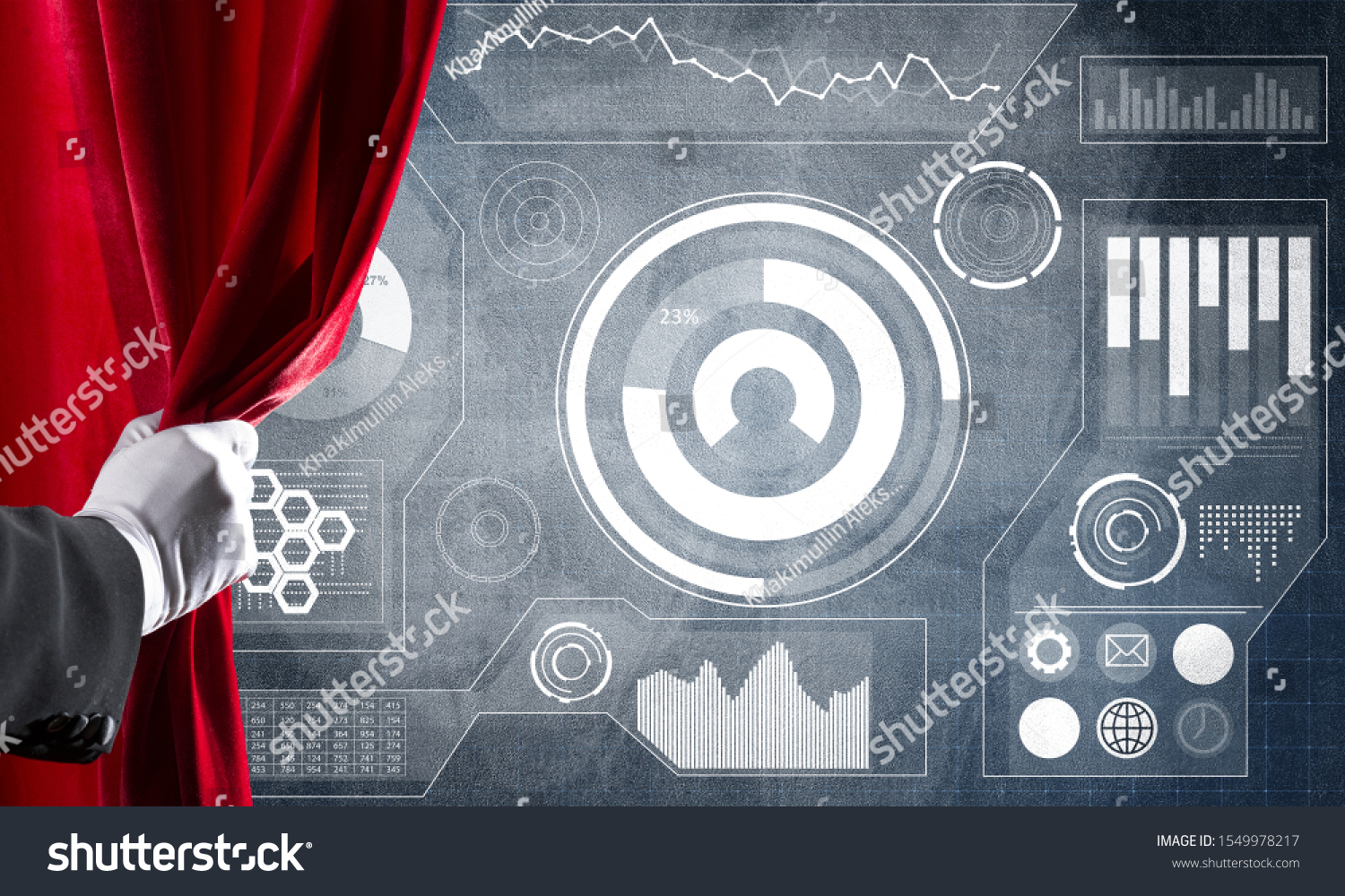 Hand opening red curtain and drawing business graphs and diagrams behind it #1549978217