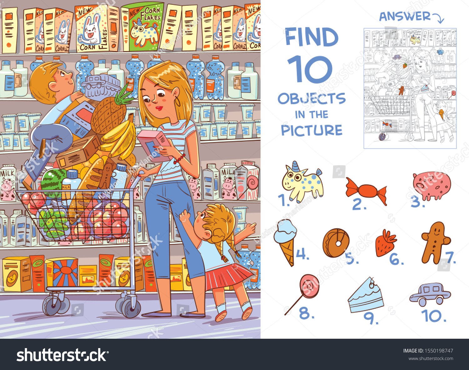Find 10 objects in the picture. Puzzle Hidden Items. Mother and two young children are shopping in a supermarket. Funny cartoon character #1550198747