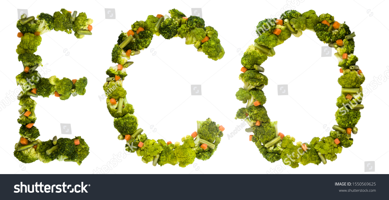 Eco. Healthy lifestyle and nutrition. English alphabet. Text from the products. Broccoli, asparagus, carrots. Designer font. Vegetable Font. #1550569625