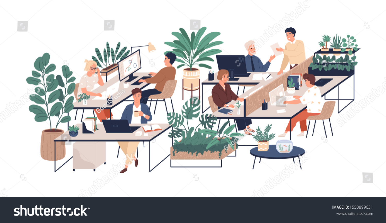 Green office flat vector illustration. Company staff, co-workers male and female cartoon characters. Comfortable workplace. Office coziness, domestic atmosphere, corporate environment. #1550899631
