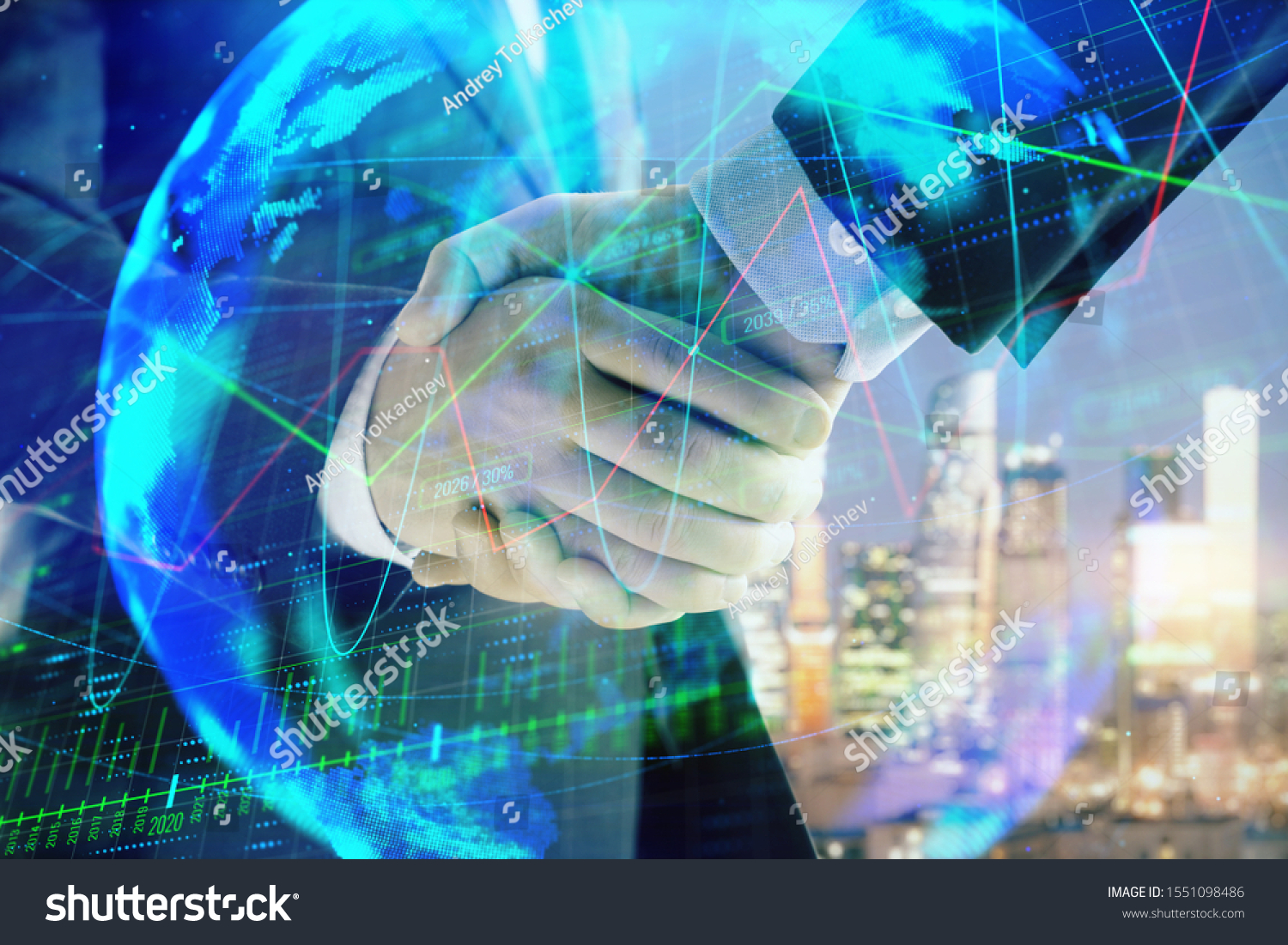 Double exposure of financial chart and world map on cityscape background with two businessmen handshake. Concept of international investment #1551098486