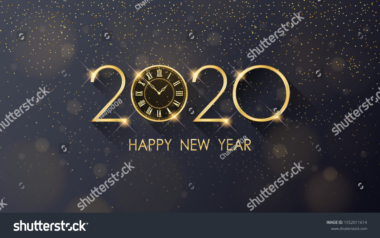 golden Happy new year 2020 and clock with glitter on black color background #1552011614