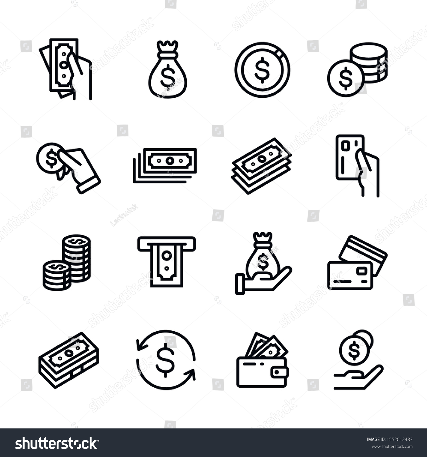Money, finance, banking outline icons collection. Money line icons set vector illustration. Money bag, coins, credit card, wallet and more #1552012433