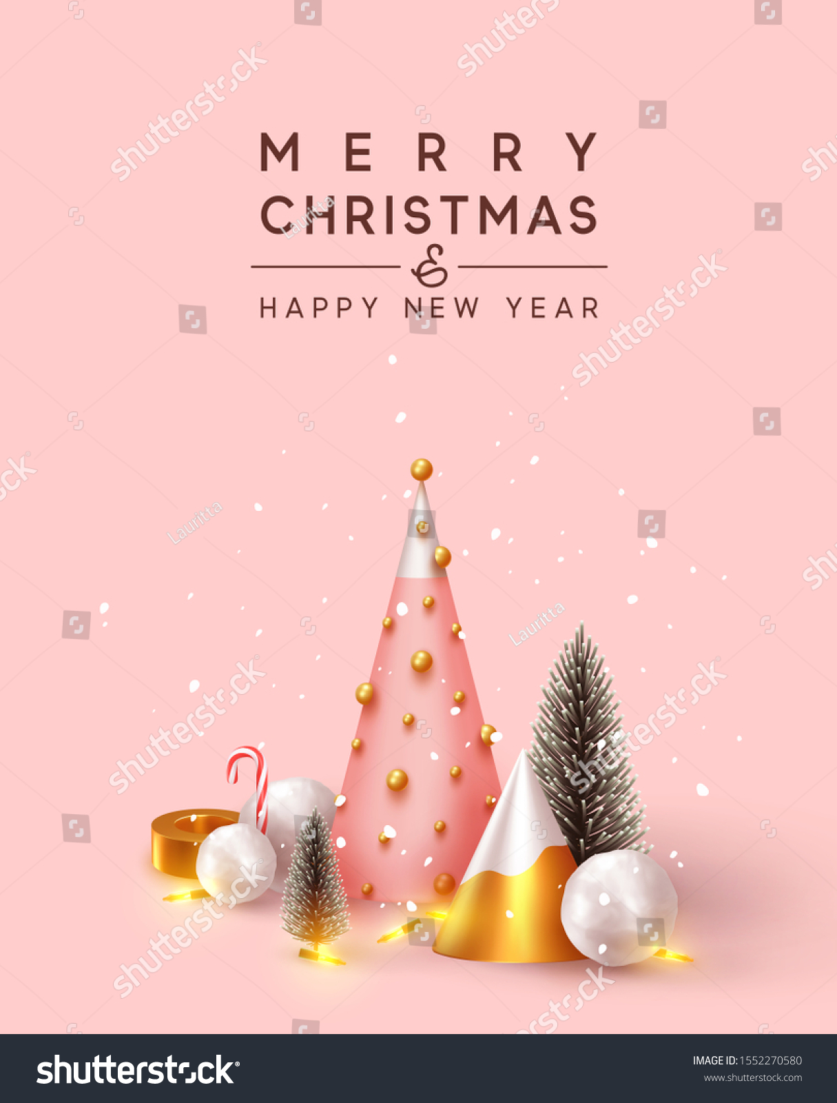Abstract minimal background with 3D Christmas trees. New Year cone shape trees. Xmas decorative ornaments, realistic render objects. Design Greeting card, Christmas background, poster, banner. #1552270580