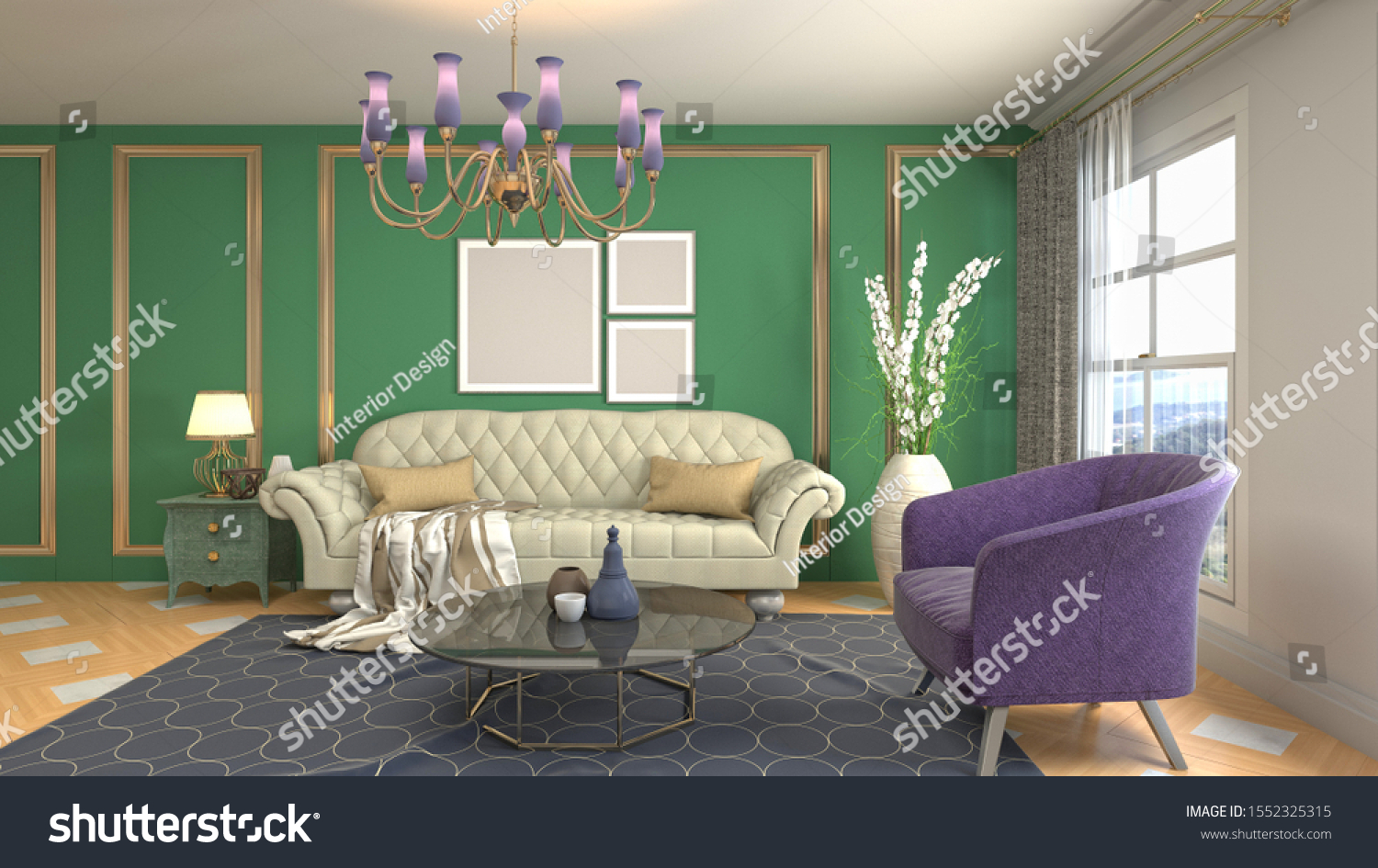 Interior of the living room. 3D illustration. #1552325315