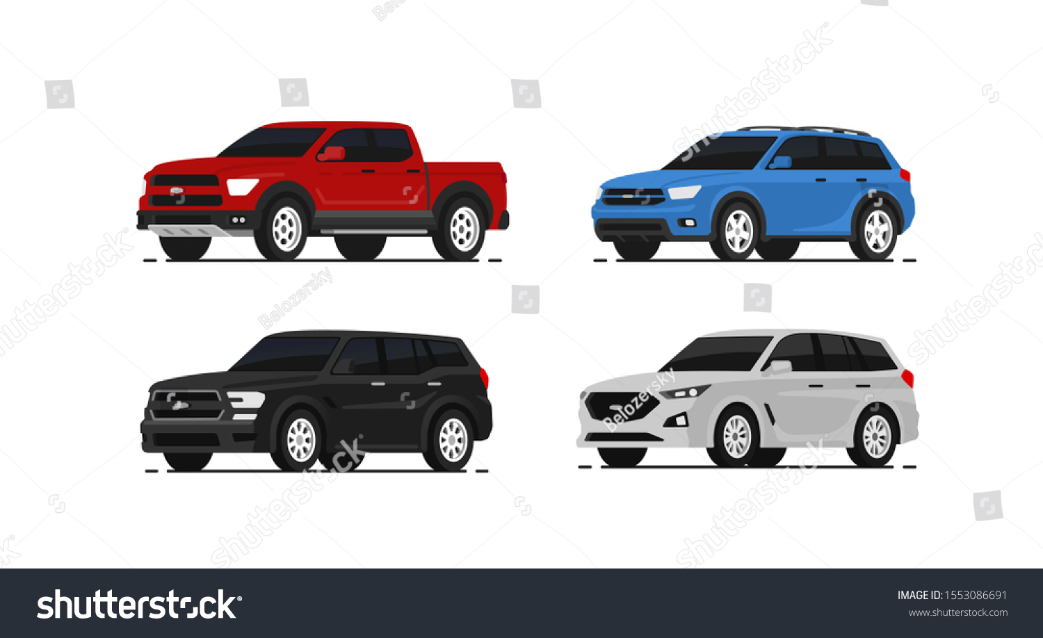 Car suv collection. Auto side view. Red, blue, black and white automobile. Vector illustrayion in flat style. #1553086691