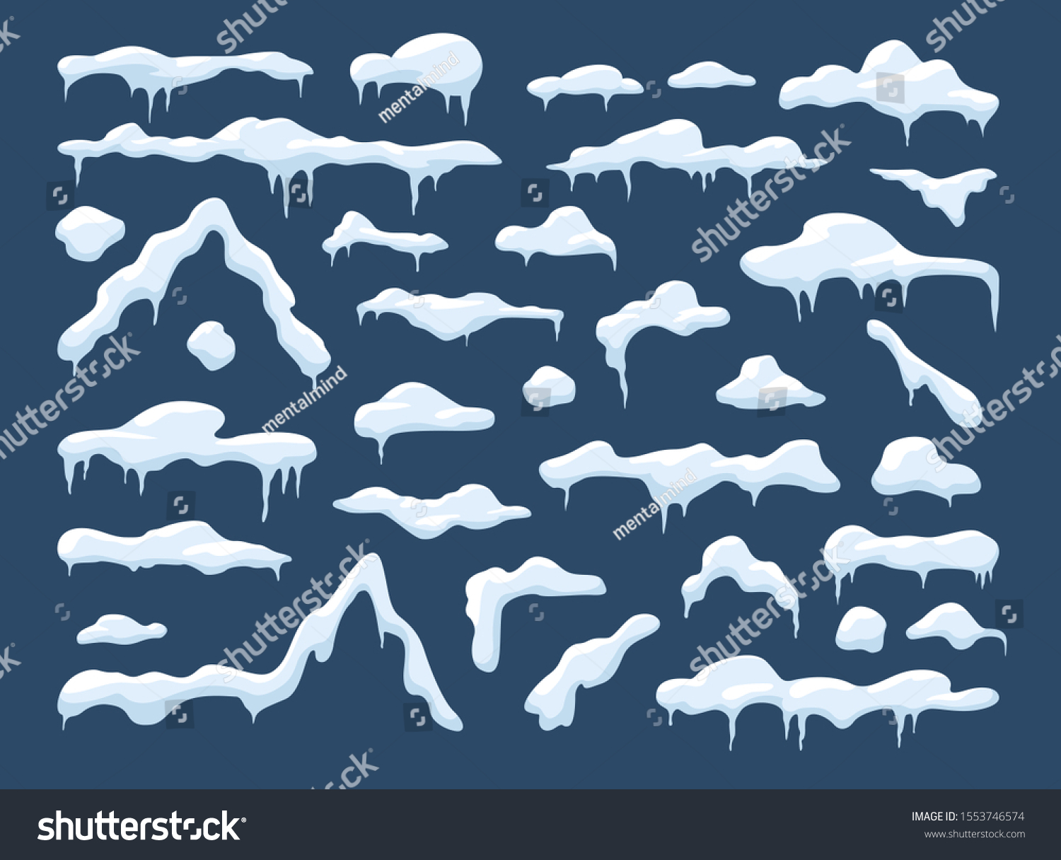 Winter decoration set with snow caps with trailing icicles and snowballs in a large assortment of shapes and sizes on a blue background for use as design elements, vector illustration #1553746574