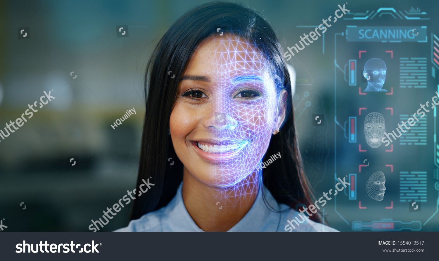 Futuristic and technological scanning of the face of a beautiful woman for facial recognition and scanning to ensure personal safety.  #1554013517