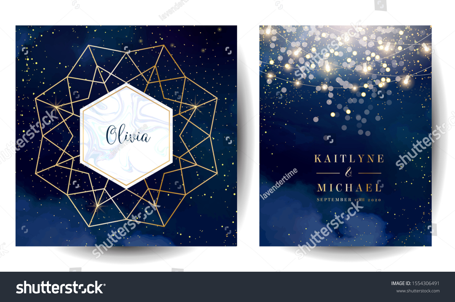 Magic night dark blue cards with sparkling glitter bokeh and line art. Diamond shaped vector wedding invitation. Gold confetti and navy background. Golden scattered dust.Fairytale magic star templates #1554306491
