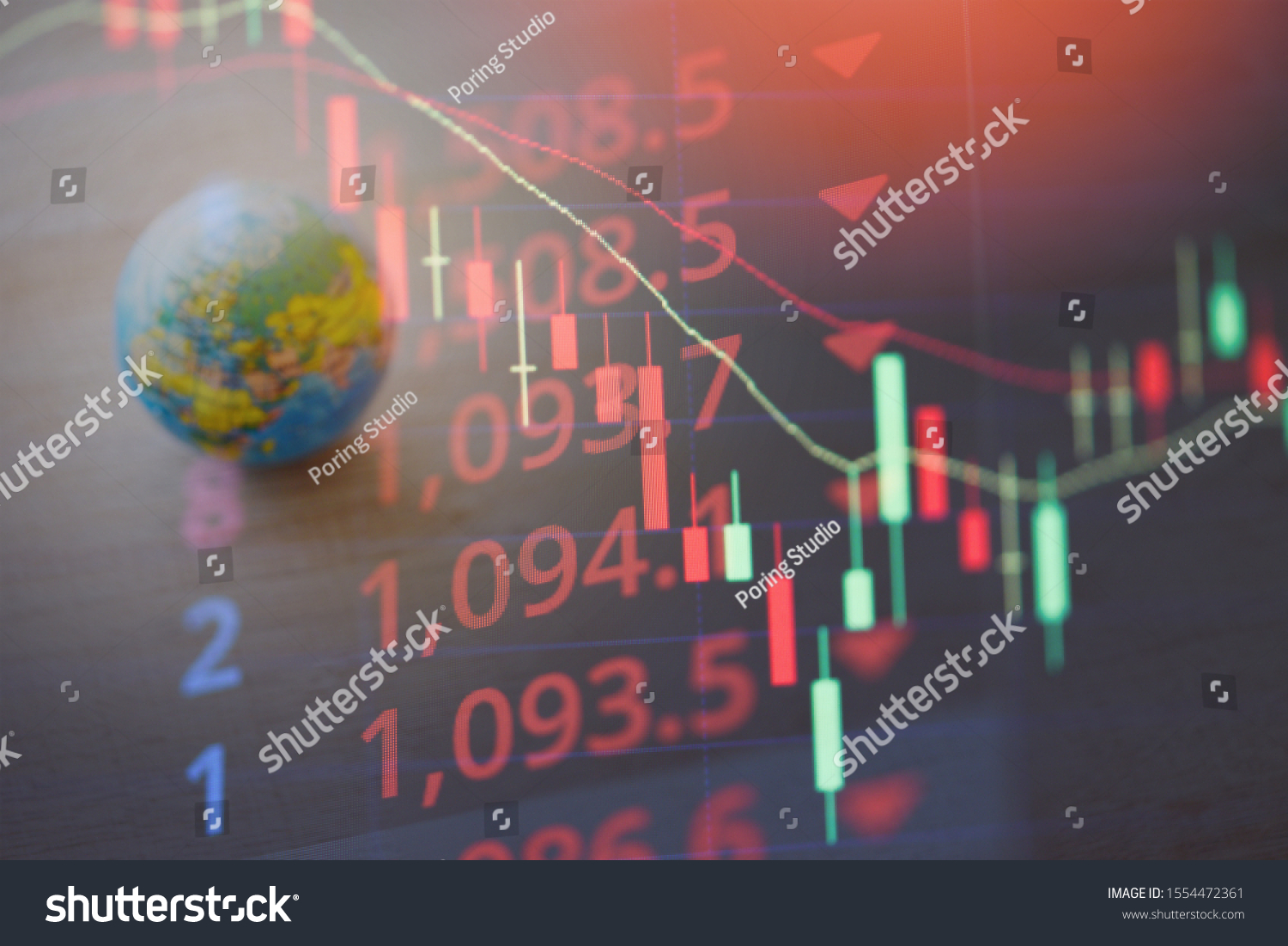 World economy crisis stock market exchange loss forex trading graph investment indicator of financial board display candlestick / Business graph stock crash red price chart fall money decrease #1554472361