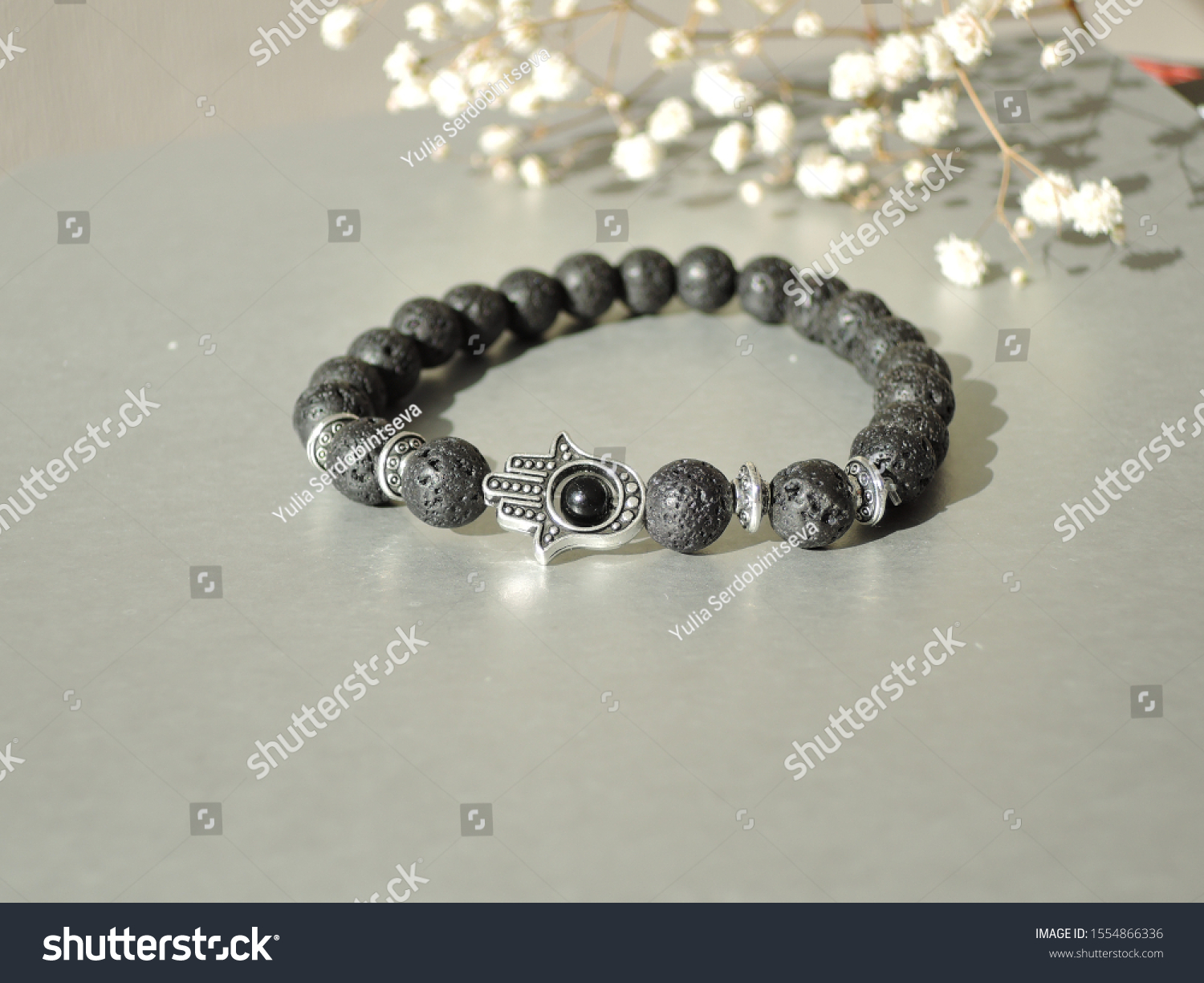 Fashionable bracelets with lava stone and pendants hamsa #1554866336