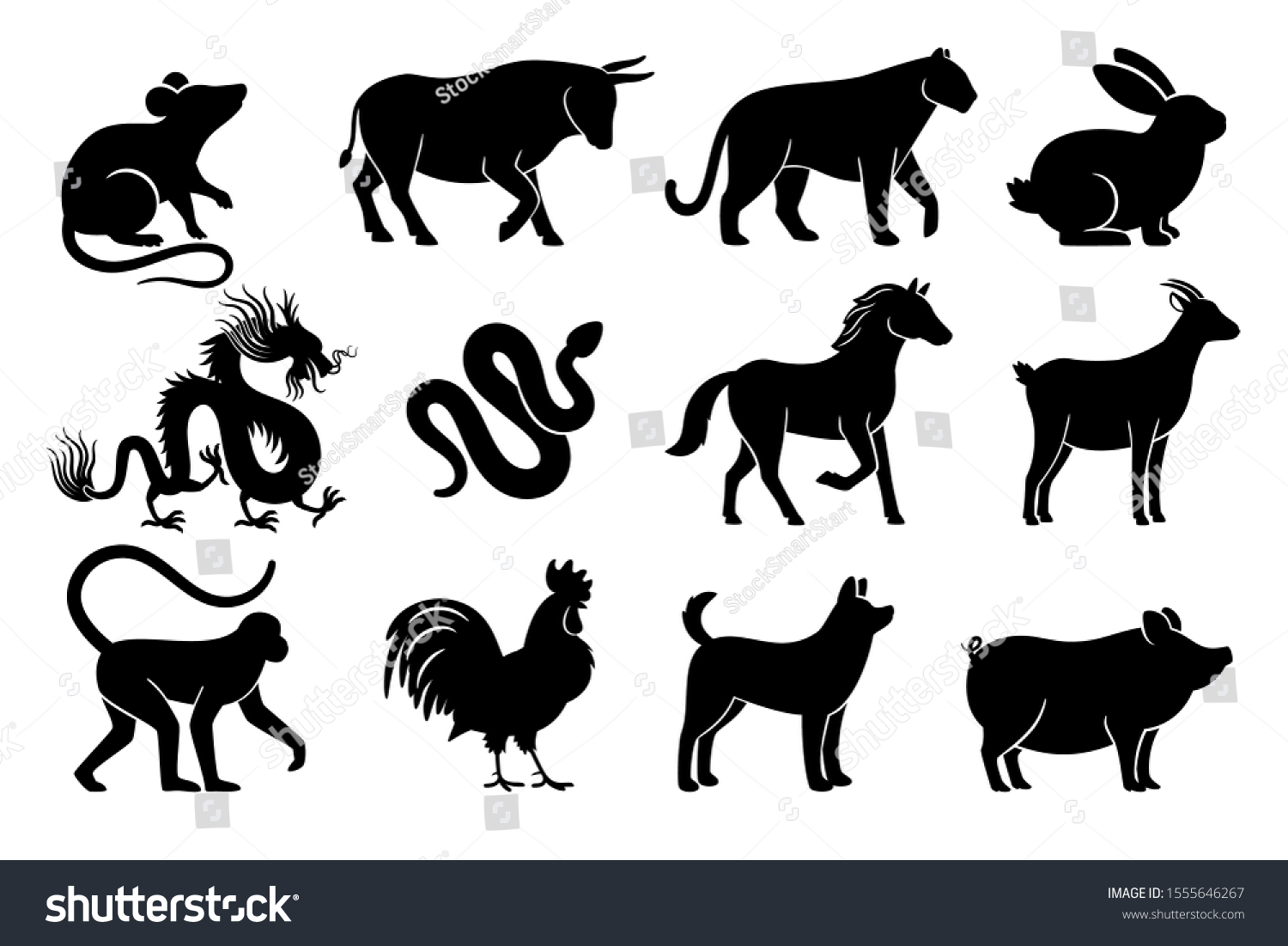 Chinese horoscope silhouettes. Chinese zodiac animals symbols of year, black signs on white background, tiger and rabbit, bull and dragon mythology drawings #1555646267